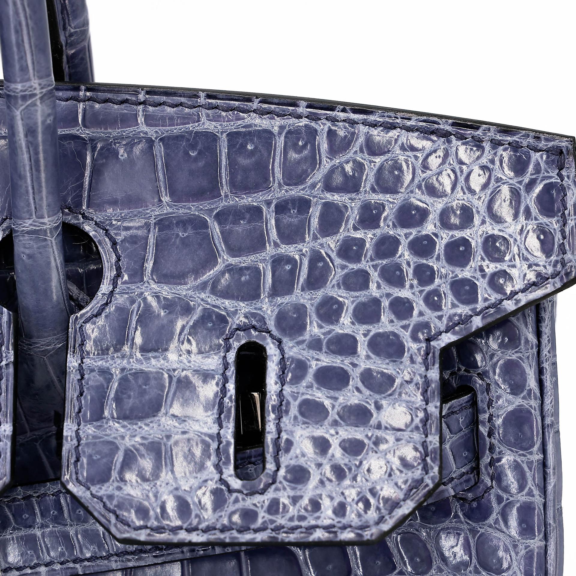 Excellent ( Rank SA ) HERMÈS Birkin 30 Bleu Brighton (7E) Shiny Porosus Crocodile Palladium hardware Square M (2009) - 27