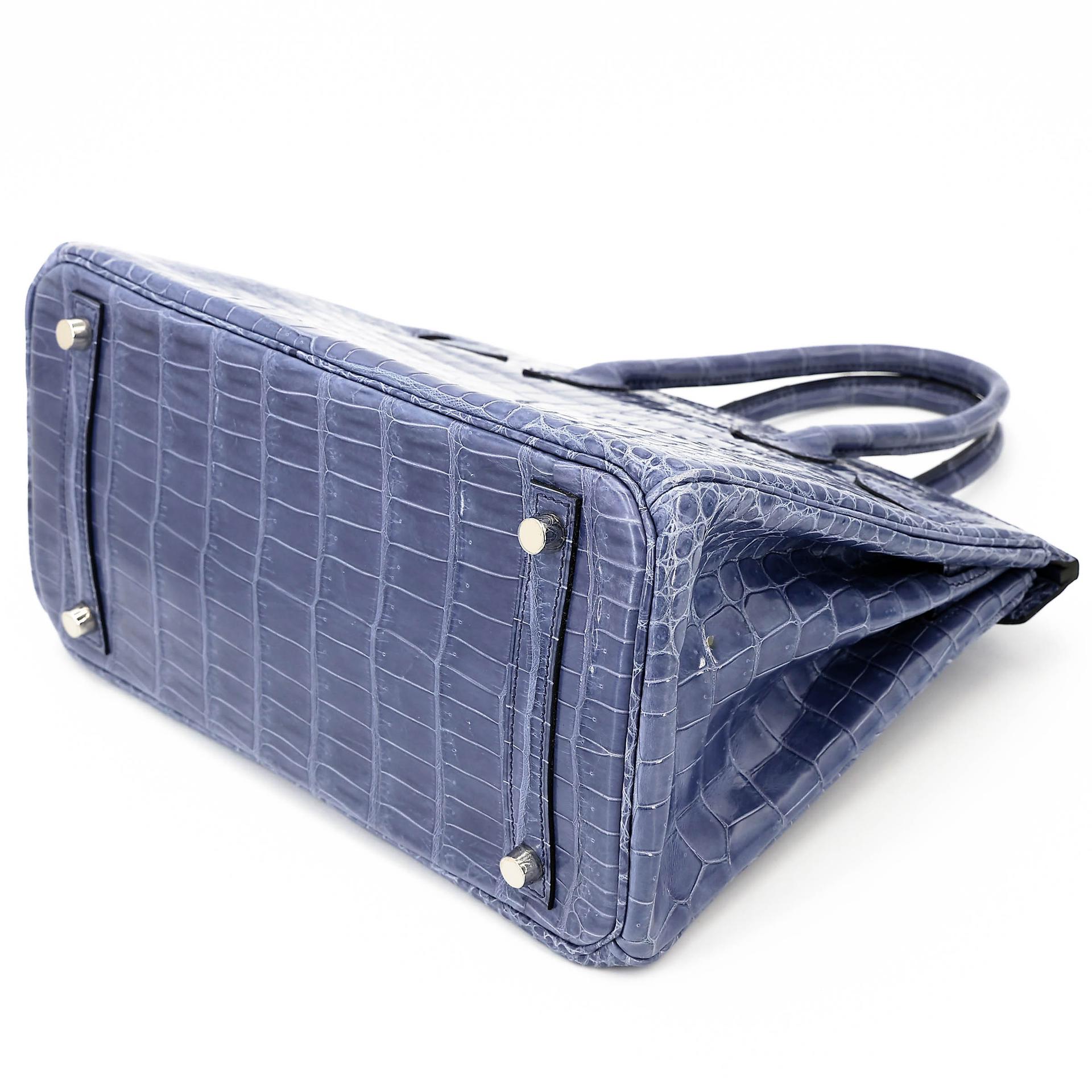 Excellent ( Rank SA ) HERMÈS Birkin 30 Bleu Brighton (7E) Shiny Porosus Crocodile Palladium hardware Square M (2009) - 6
