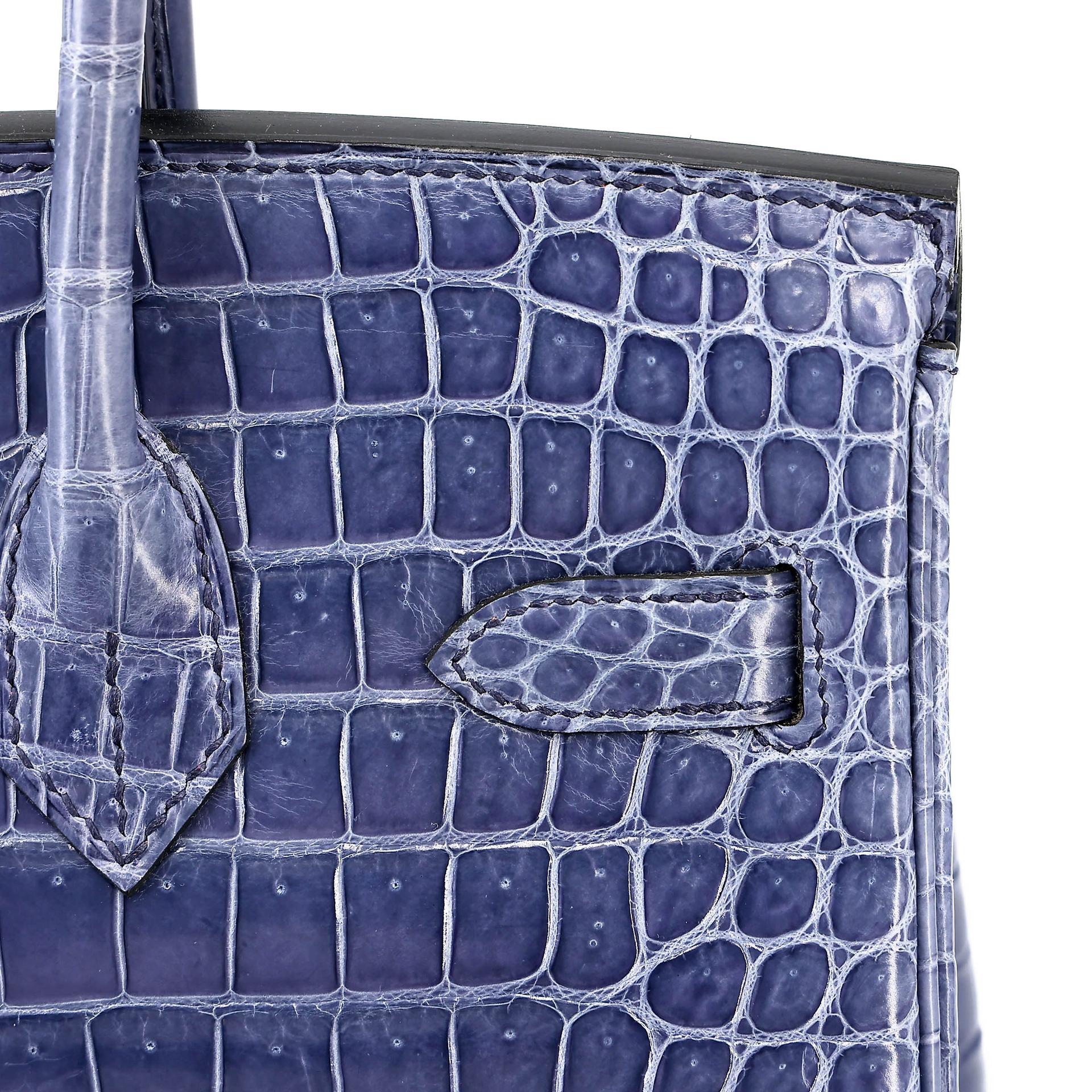 Excellent ( Rank SA ) HERMÈS Birkin 30 Bleu Brighton (7E) Shiny Porosus Crocodile Palladium hardware Square M (2009) - 18