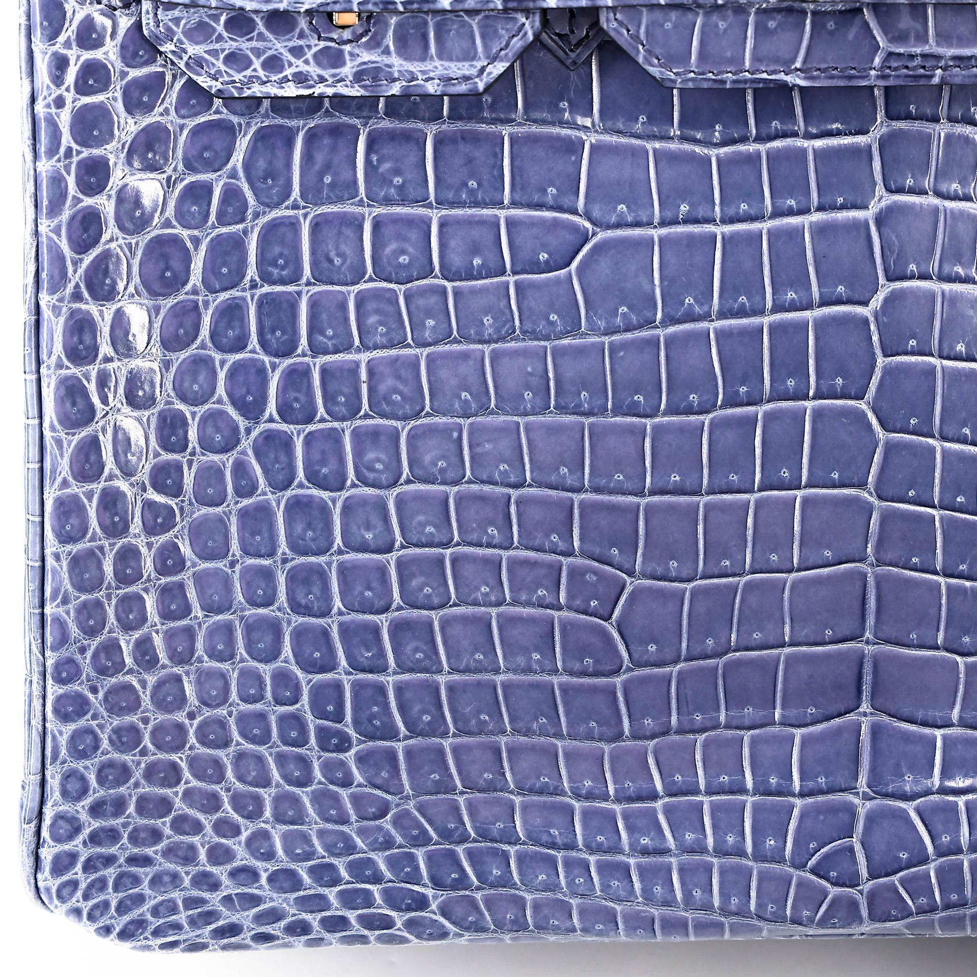 Excellent ( Rank SA ) HERMÈS Birkin 30 Bleu Brighton (7E) Shiny Porosus Crocodile Palladium hardware Square M (2009) - 22