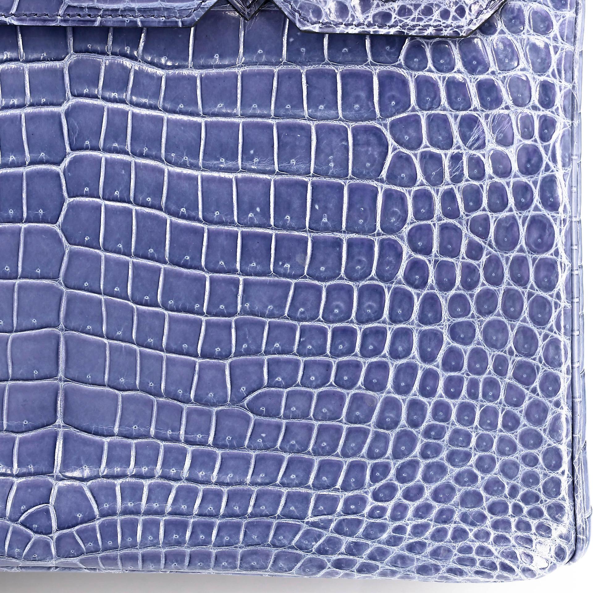 Excellent ( Rank SA ) HERMÈS Birkin 30 Bleu Brighton (7E) Shiny Porosus Crocodile Palladium hardware Square M (2009) - 21