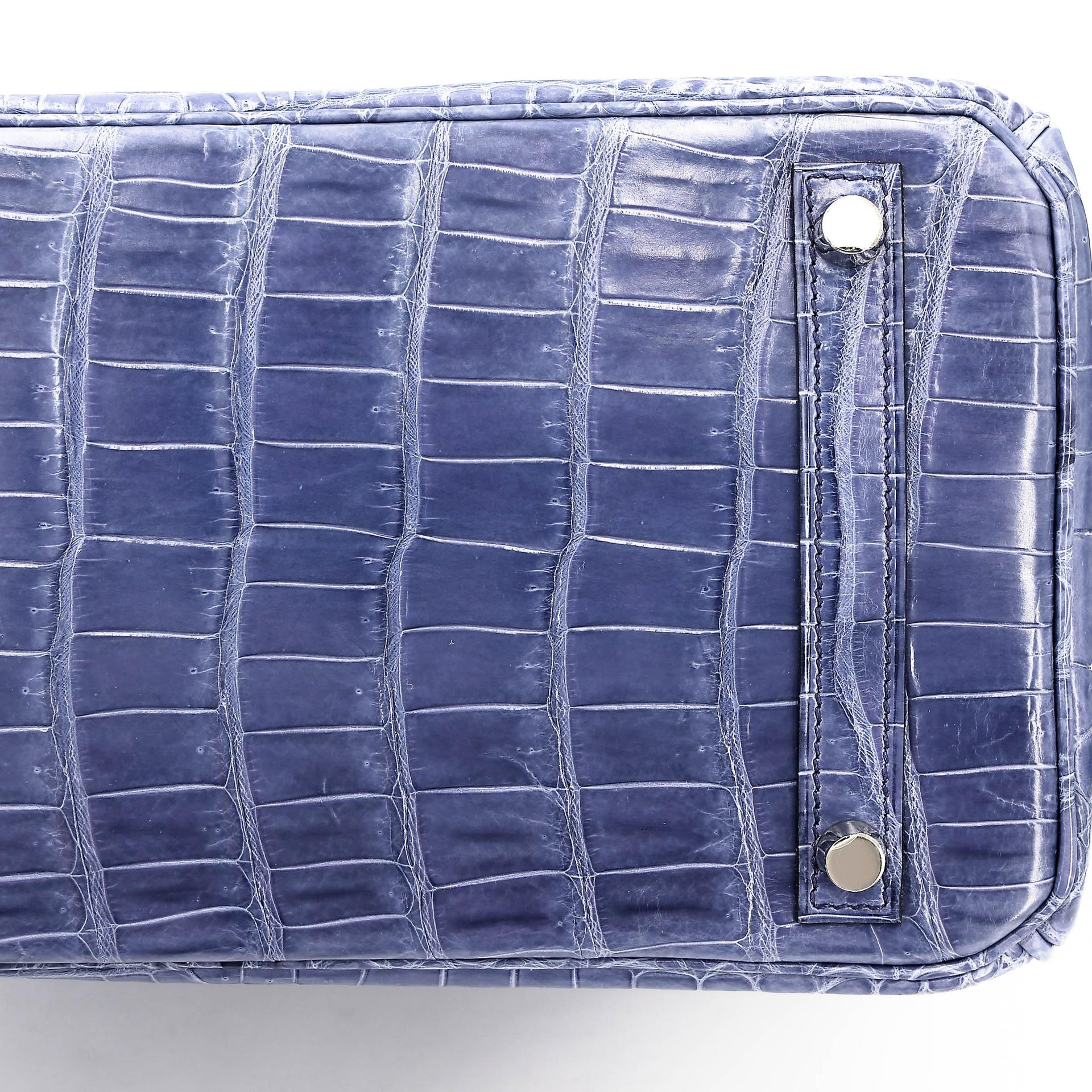 Excellent ( Rank SA ) HERMÈS Birkin 30 Bleu Brighton (7E) Shiny Porosus Crocodile Palladium hardware Square M (2009) - 19
