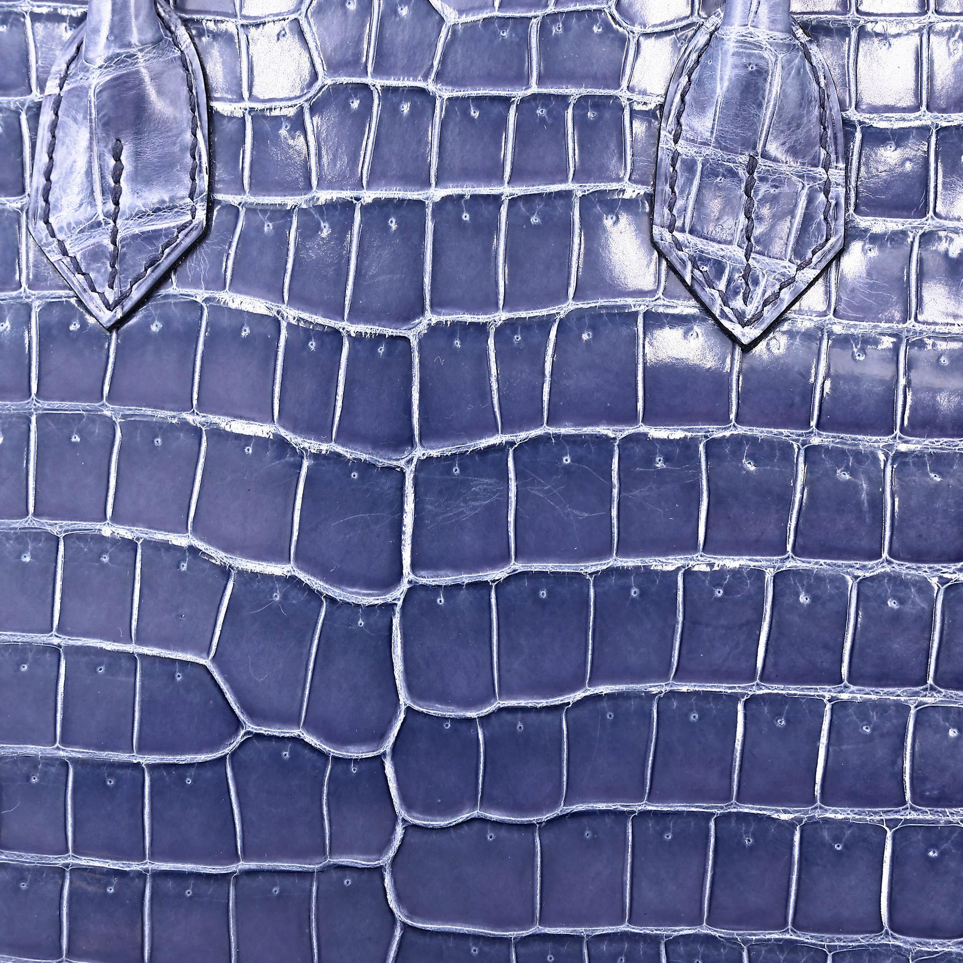Excellent ( Rank SA ) HERMÈS Birkin 30 Bleu Brighton (7E) Shiny Porosus Crocodile Palladium hardware Square M (2009) - 15