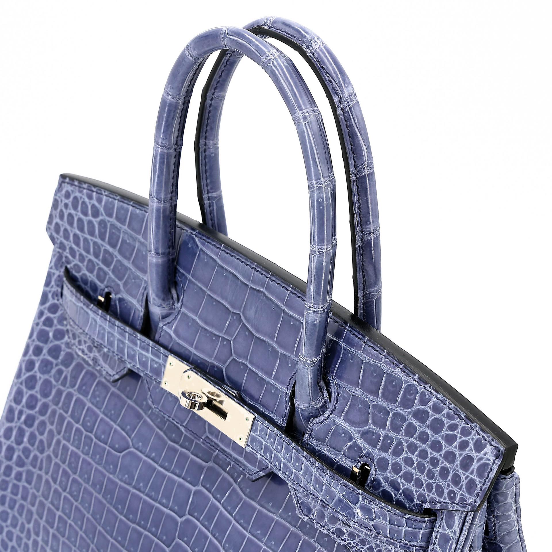 Excellent ( Rank SA ) HERMÈS Birkin 30 Bleu Brighton (7E) Shiny Porosus Crocodile Palladium hardware Square M (2009) - 3