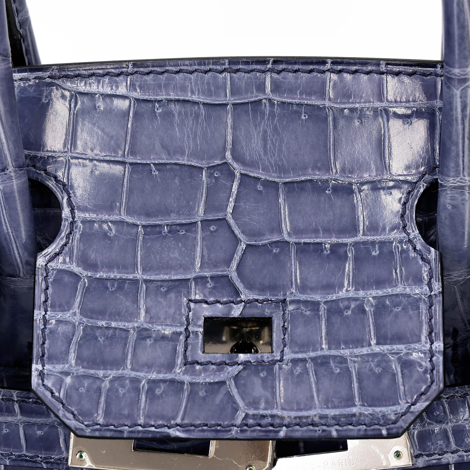 Excellent ( Rank SA ) HERMÈS Birkin 30 Bleu Brighton (7E) Shiny Porosus Crocodile Palladium hardware Square M (2009) - 26