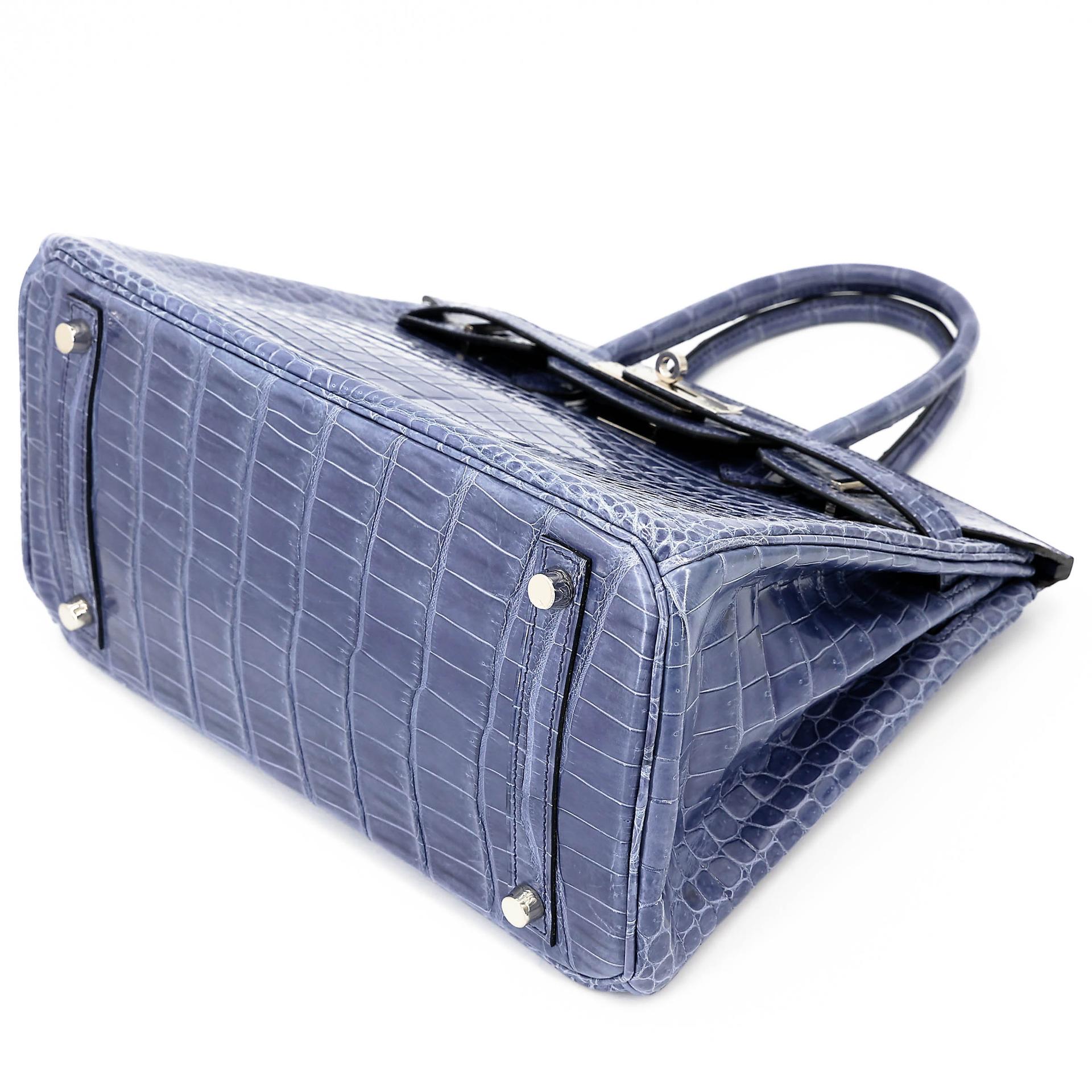 Excellent ( Rank SA ) HERMÈS Birkin 30 Bleu Brighton (7E) Shiny Porosus Crocodile Palladium hardware Square M (2009) - 4