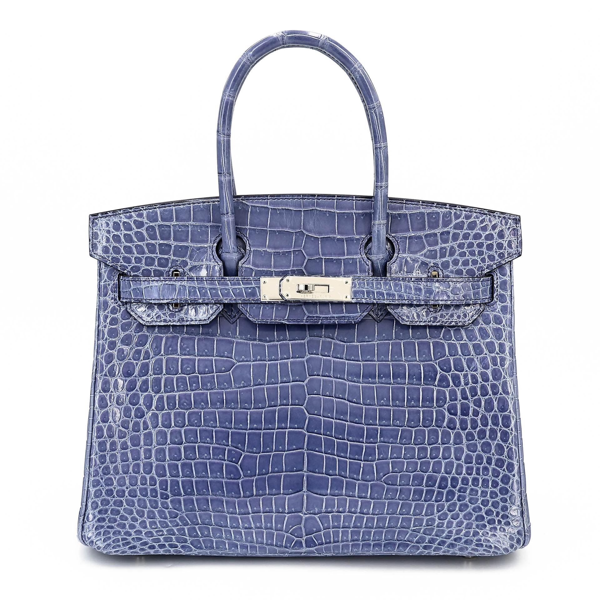 Excellent ( Rank SA ) HERMÈS Birkin 30 Bleu Brighton (7E) Shiny Porosus Crocodile Palladium hardware Square M (2009) - 1