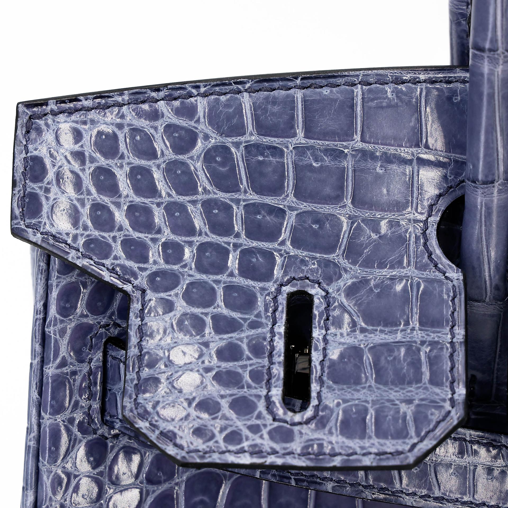Excellent ( Rank SA ) HERMÈS Birkin 30 Bleu Brighton (7E) Shiny Porosus Crocodile Palladium hardware Square M (2009) - 28