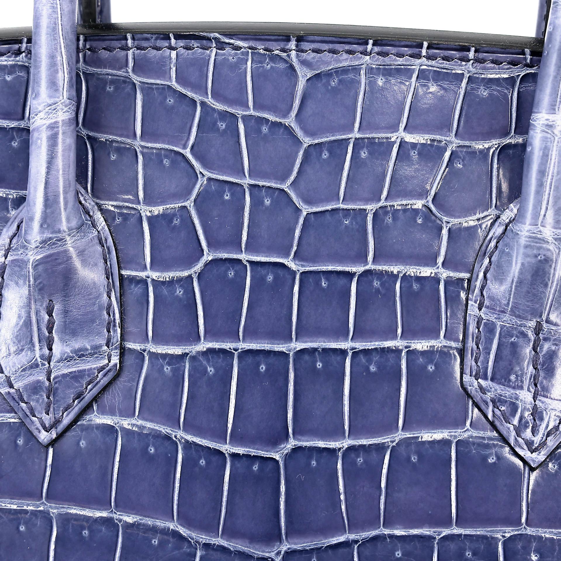 Excellent ( Rank SA ) HERMÈS Birkin 30 Bleu Brighton (7E) Shiny Porosus Crocodile Palladium hardware Square M (2009) - 17