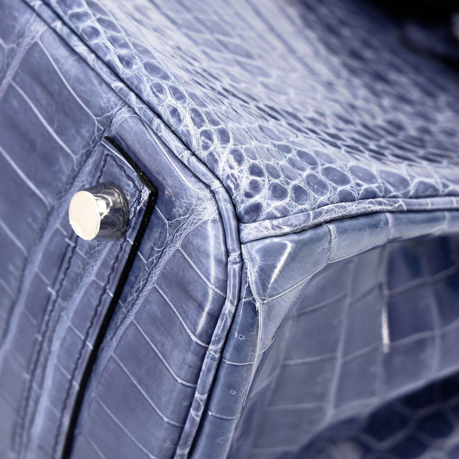 Excellent ( Rank SA ) HERMÈS Birkin 30 Bleu Brighton (7E) Shiny Porosus Crocodile Palladium hardware Square M (2009) - 8