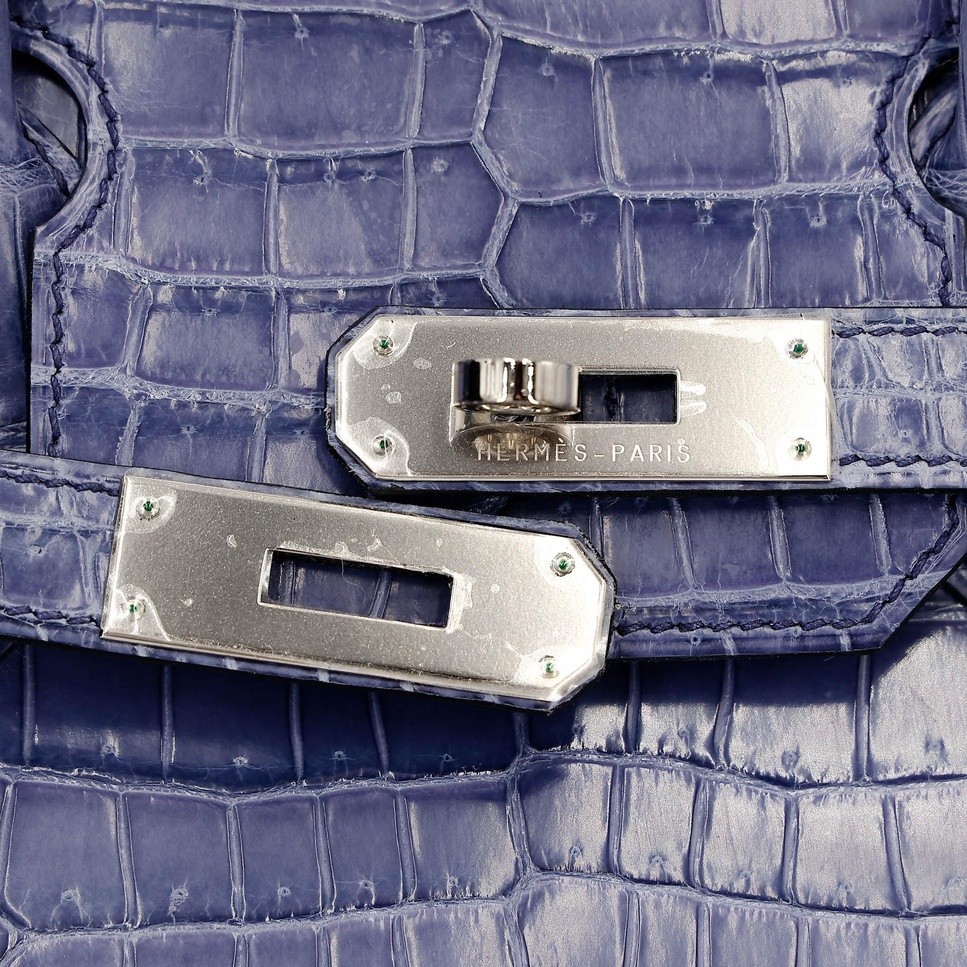 Excellent ( Rank SA ) HERMÈS Birkin 30 Bleu Brighton (7E) Shiny Porosus Crocodile Palladium hardware Square M (2009) - 23