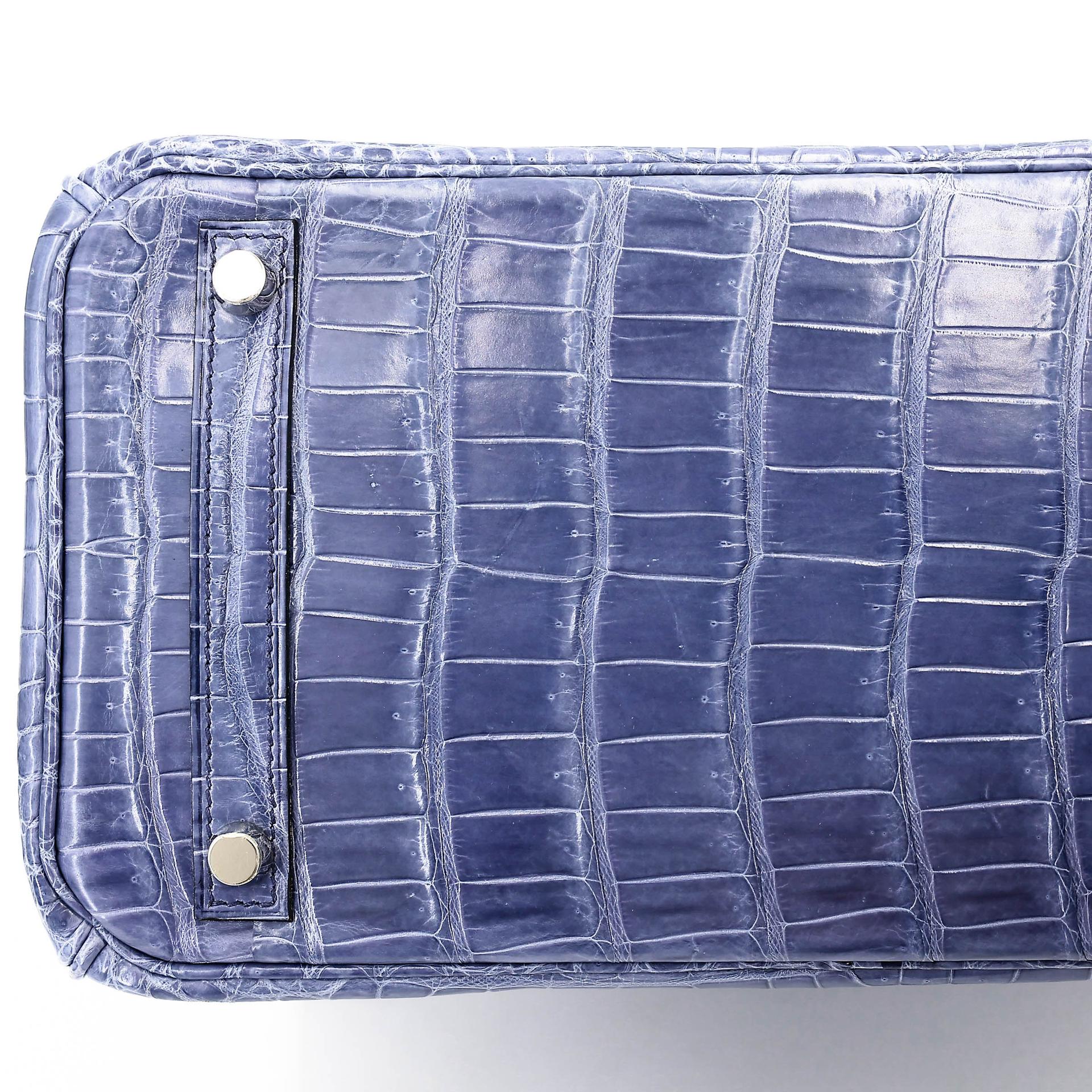 Excellent ( Rank SA ) HERMÈS Birkin 30 Bleu Brighton (7E) Shiny Porosus Crocodile Palladium hardware Square M (2009) - 20