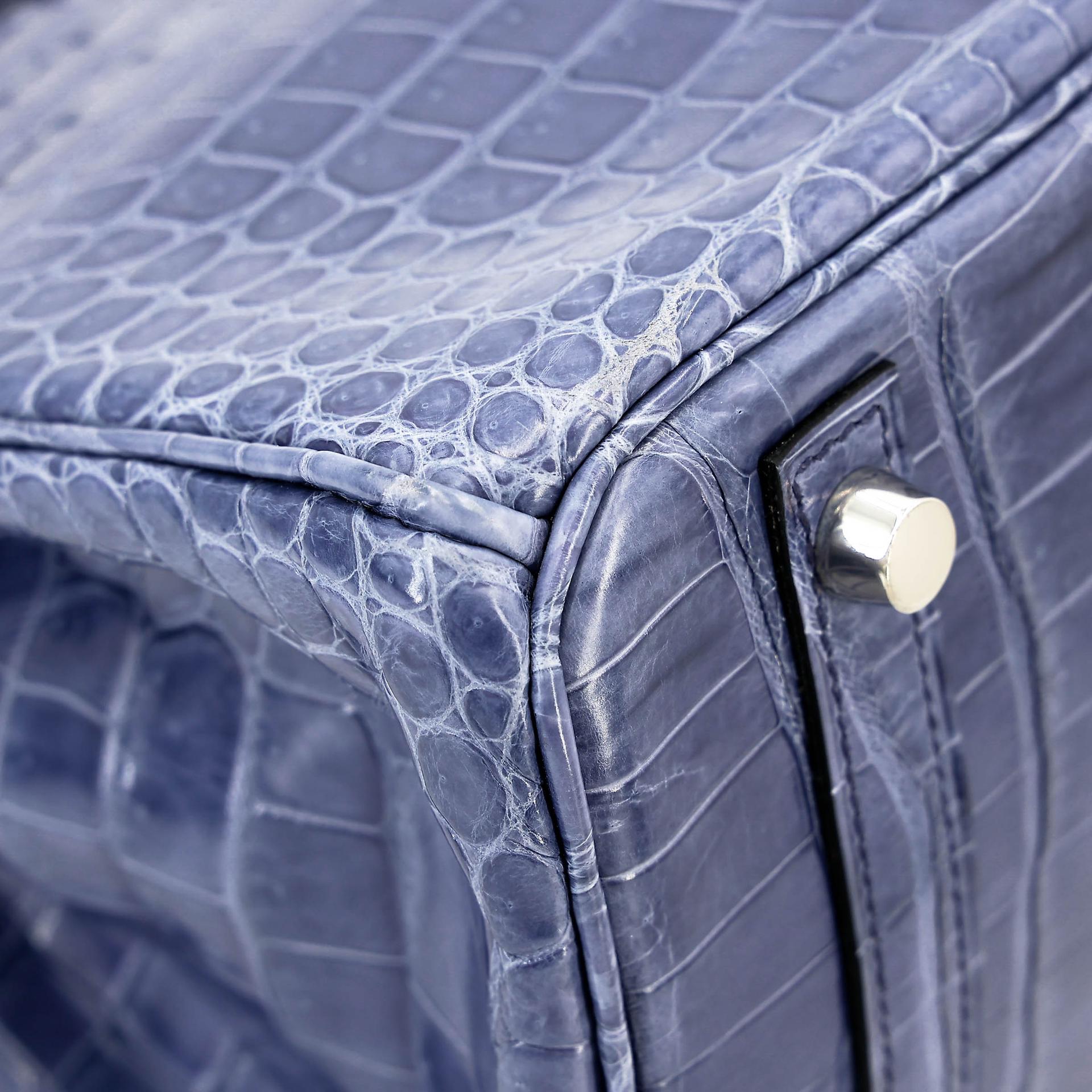Excellent ( Rank SA ) HERMÈS Birkin 30 Bleu Brighton (7E) Shiny Porosus Crocodile Palladium hardware Square M (2009) - 11
