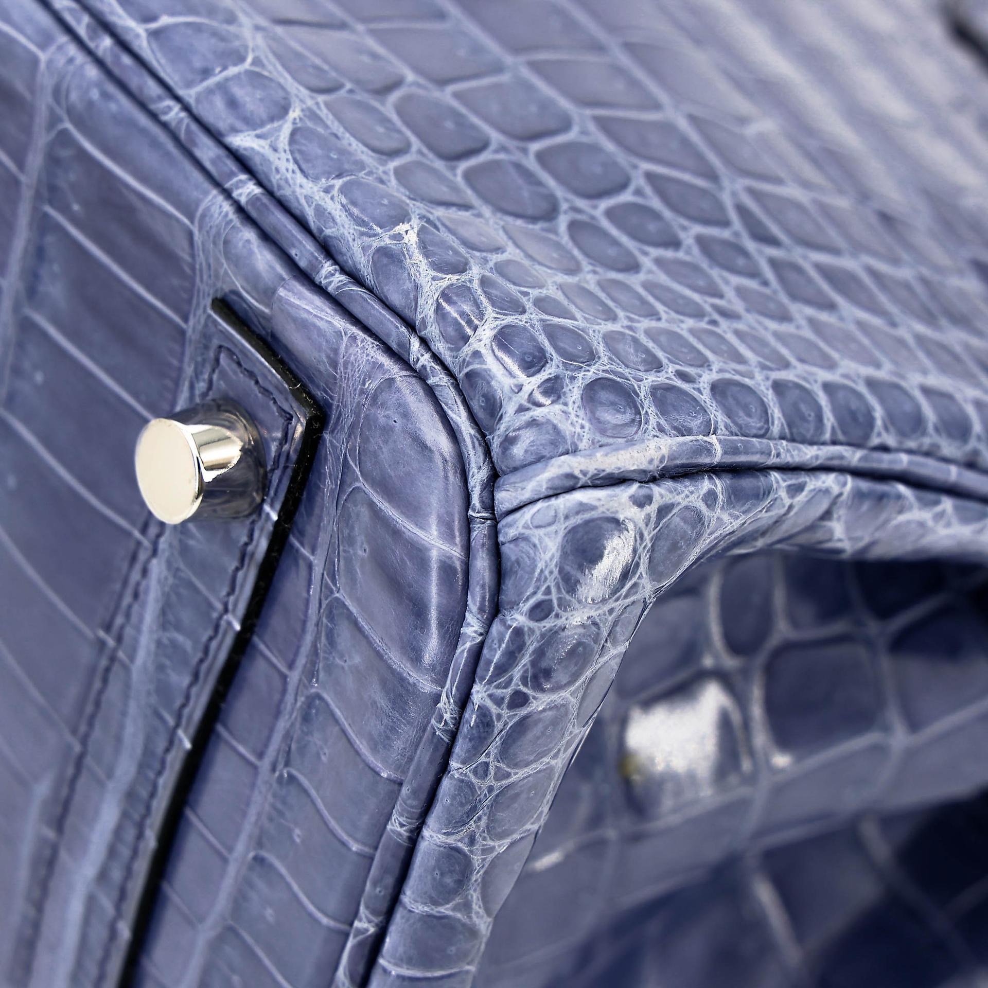 Excellent ( Rank SA ) HERMÈS Birkin 30 Bleu Brighton (7E) Shiny Porosus Crocodile Palladium hardware Square M (2009) - 10