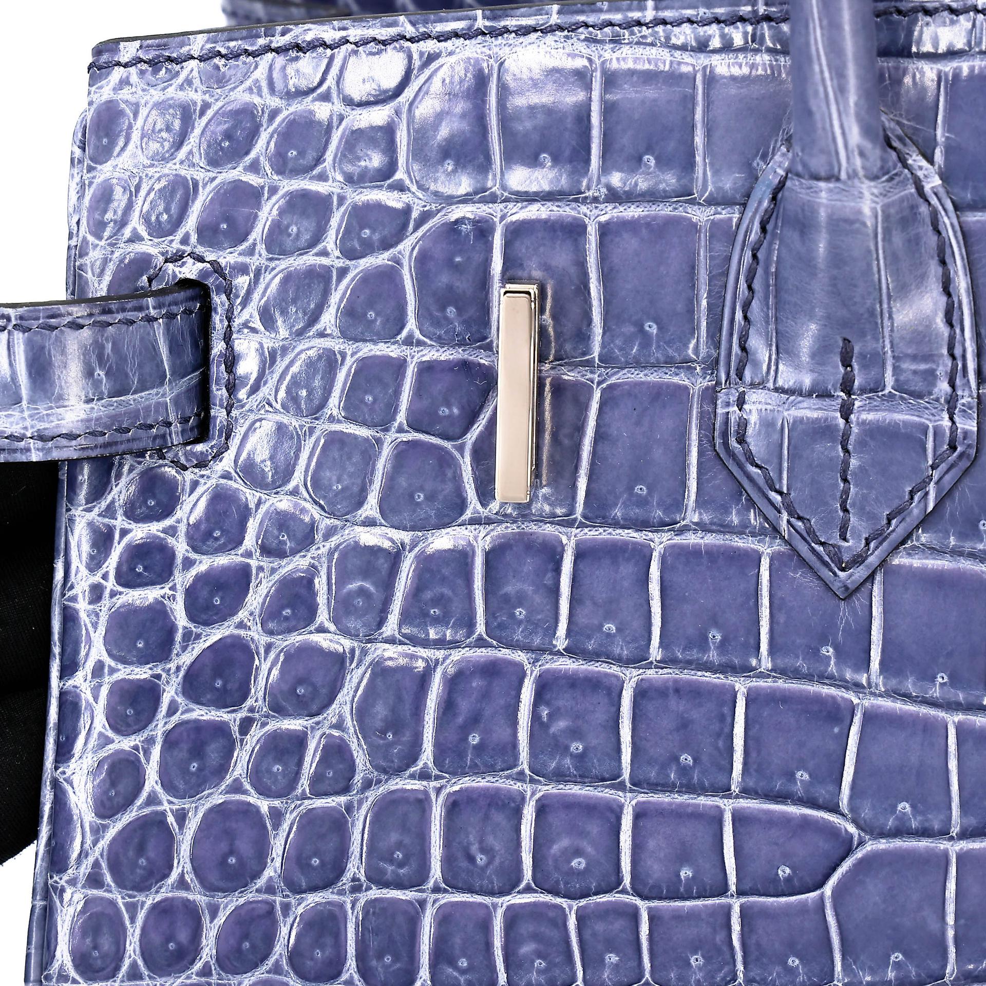 Excellent ( Rank SA ) HERMÈS Birkin 30 Bleu Brighton (7E) Shiny Porosus Crocodile Palladium hardware Square M (2009) - 31