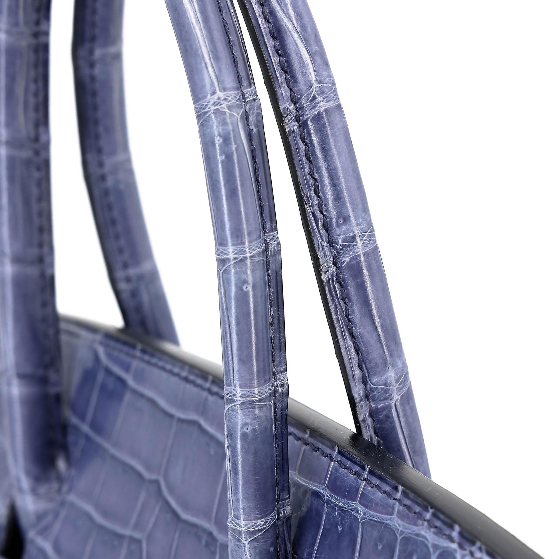 Excellent ( Rank SA ) HERMÈS Birkin 30 Bleu Brighton (7E) Shiny Porosus Crocodile Palladium hardware Square M (2009) - 13