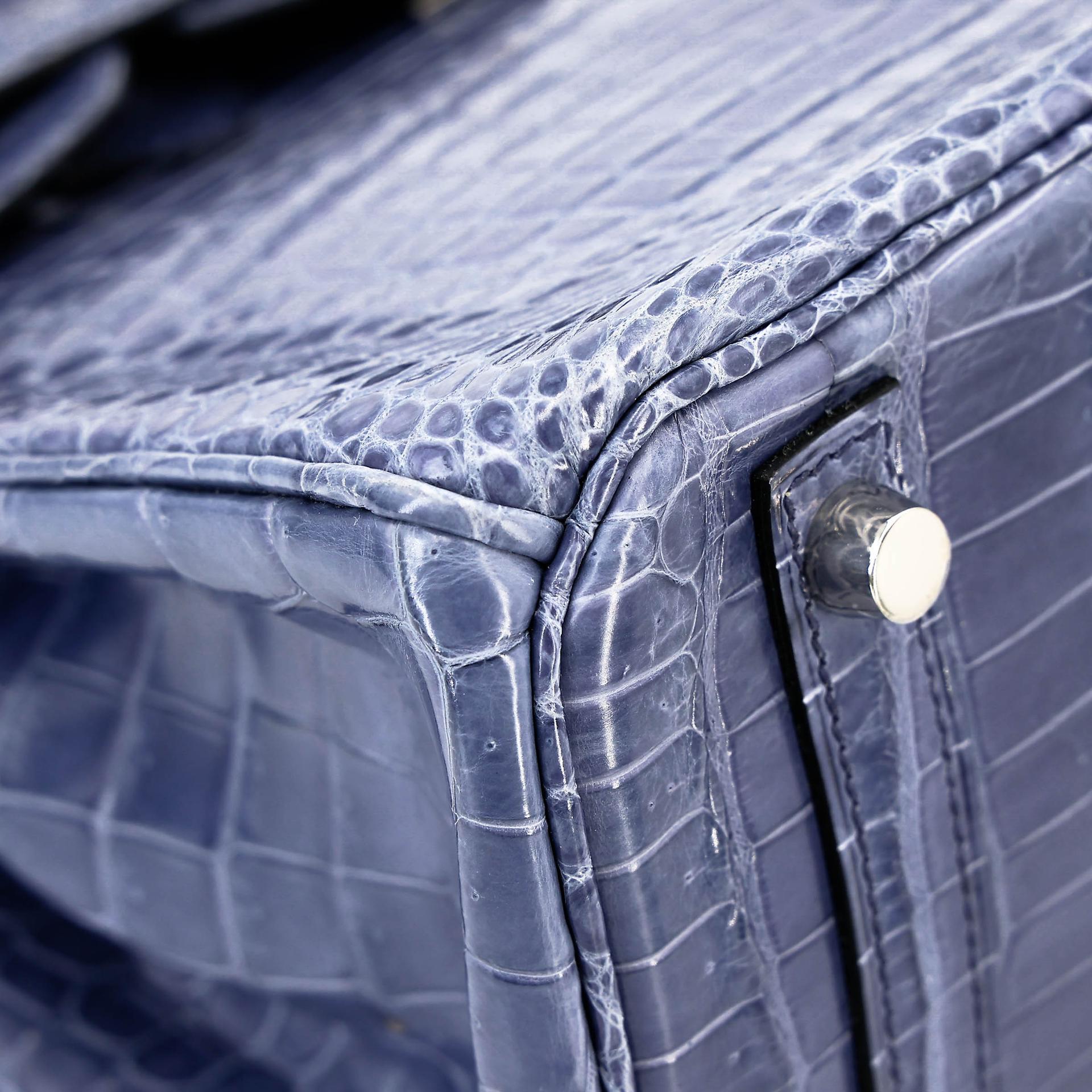 Excellent ( Rank SA ) HERMÈS Birkin 30 Bleu Brighton (7E) Shiny Porosus Crocodile Palladium hardware Square M (2009) - 9
