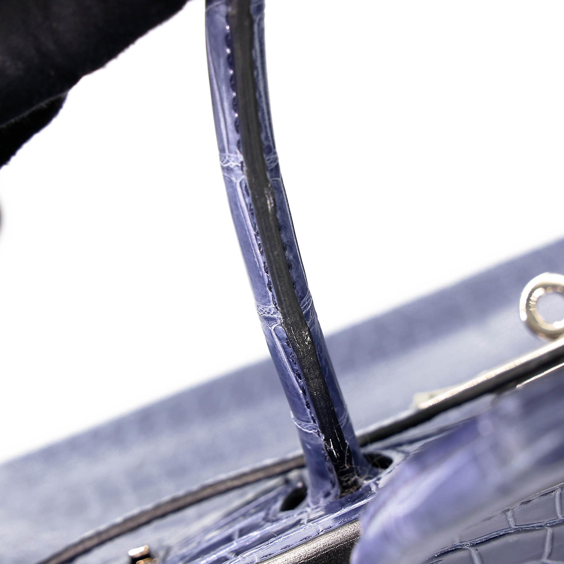 Excellent ( Rank SA ) HERMÈS Birkin 30 Bleu Brighton (7E) Shiny Porosus Crocodile Palladium hardware Square M (2009) - 14