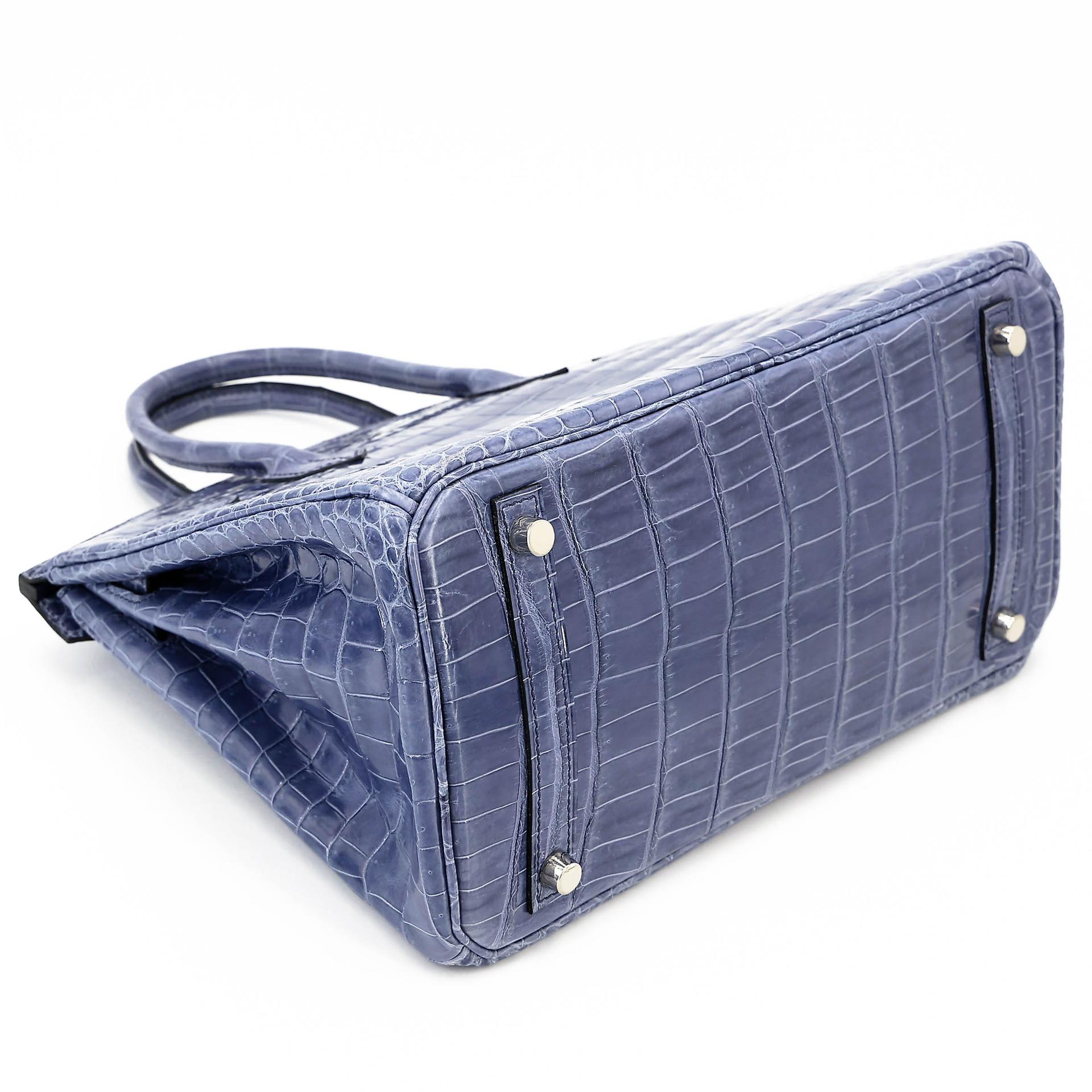 Excellent ( Rank SA ) HERMÈS Birkin 30 Bleu Brighton (7E) Shiny Porosus Crocodile Palladium hardware Square M (2009) - 7