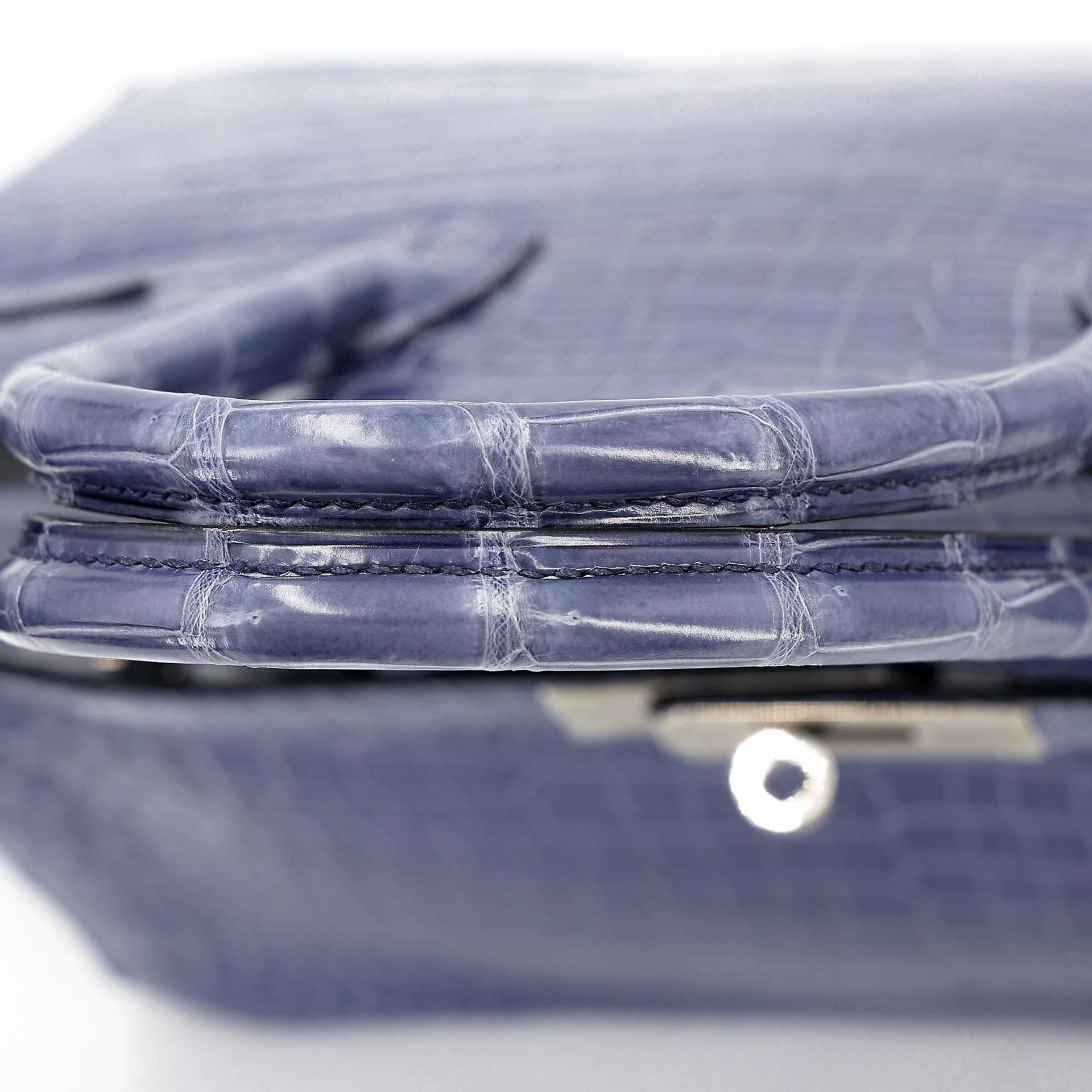 Excellent ( Rank SA ) HERMÈS Birkin 30 Bleu Brighton (7E) Shiny Porosus Crocodile Palladium hardware Square M (2009) - 12