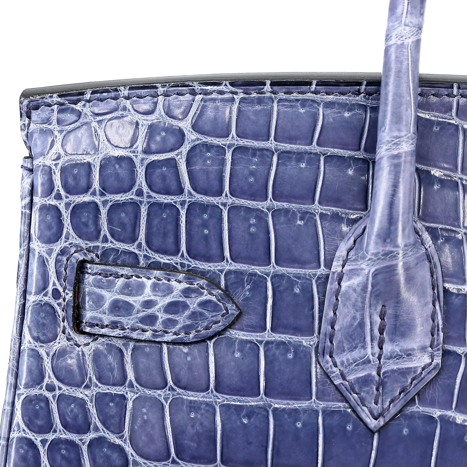 Excellent ( Rank SA ) HERMÈS Birkin 30 Bleu Brighton (7E) Shiny Porosus Crocodile Palladium hardware Square M (2009) - 16