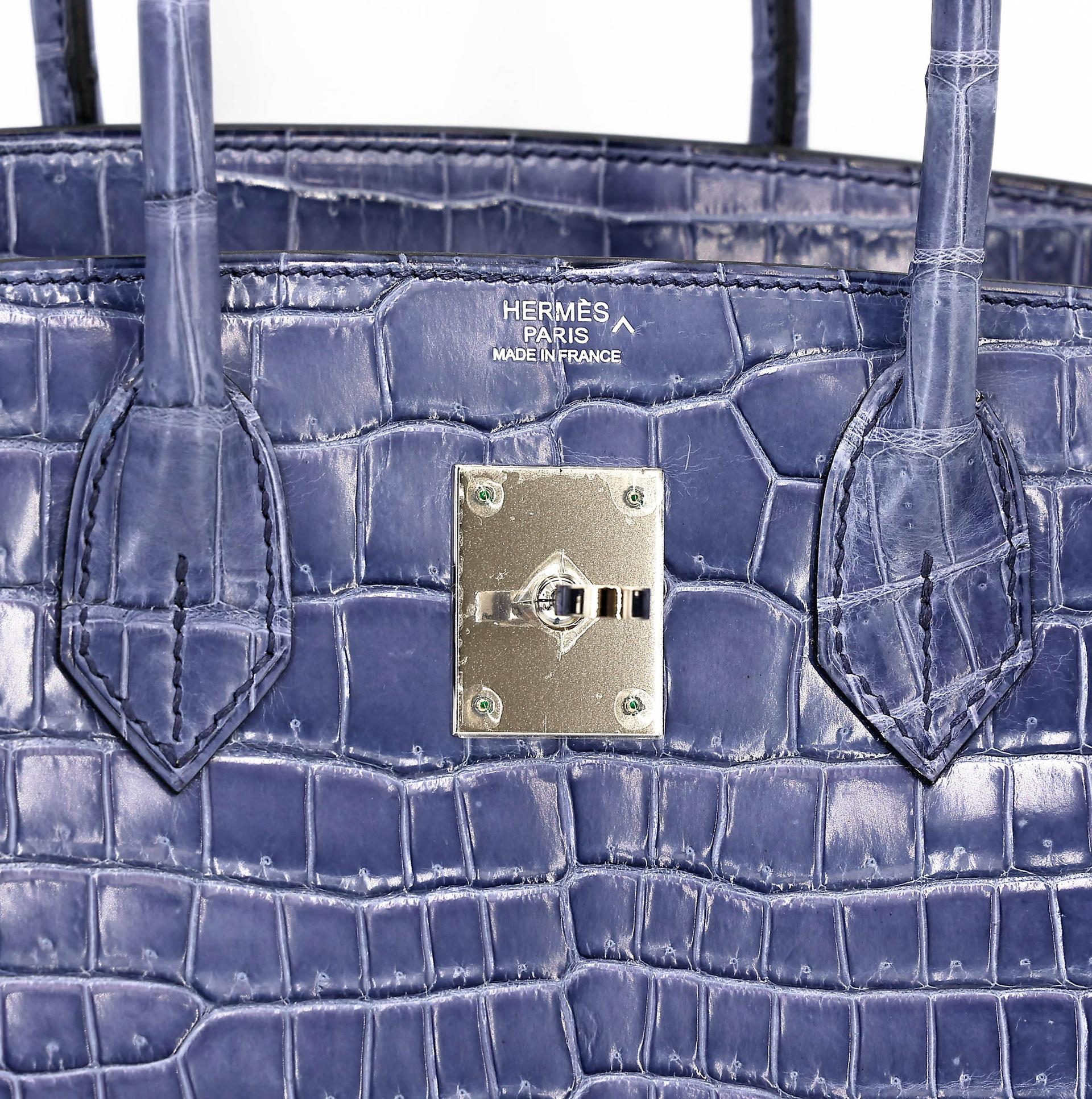 Excellent ( Rank SA ) HERMÈS Birkin 30 Bleu Brighton (7E) Shiny Porosus Crocodile Palladium hardware Square M (2009) - 29