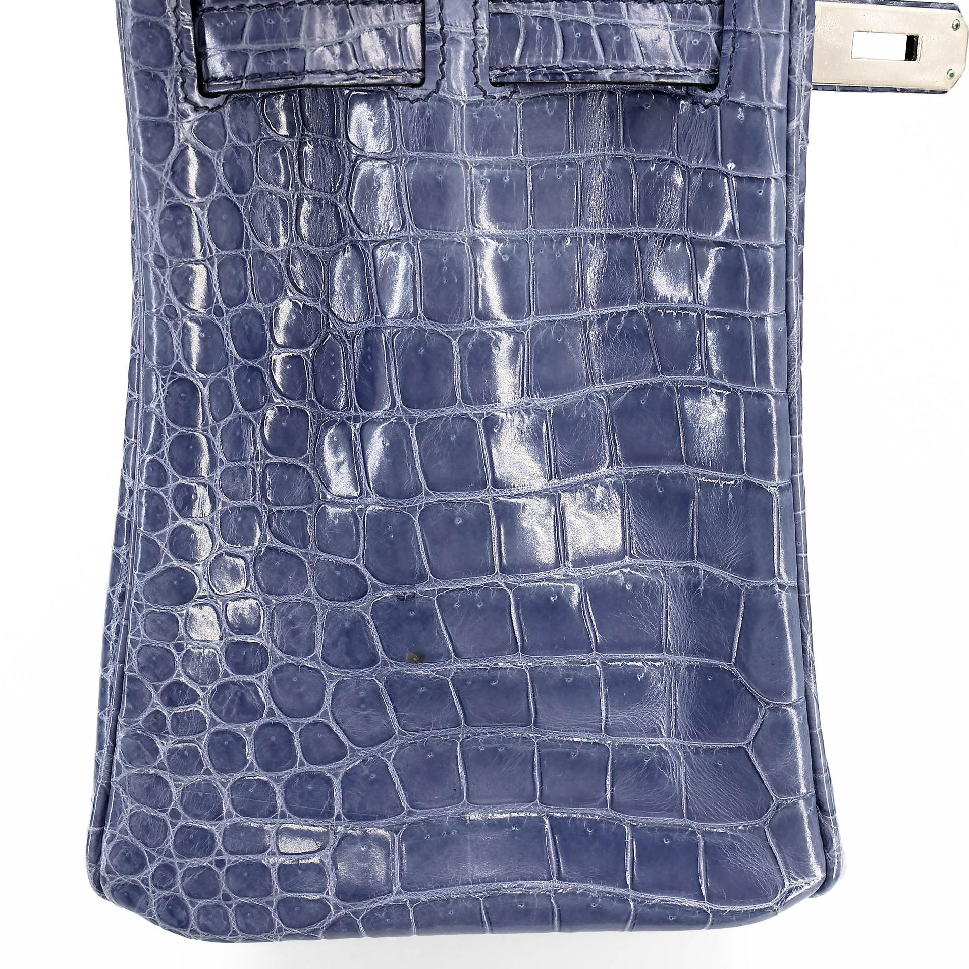 Excellent ( Rank SA ) HERMÈS Birkin 30 Bleu Brighton (7E) Shiny Porosus Crocodile Palladium hardware Square M (2009) - 35