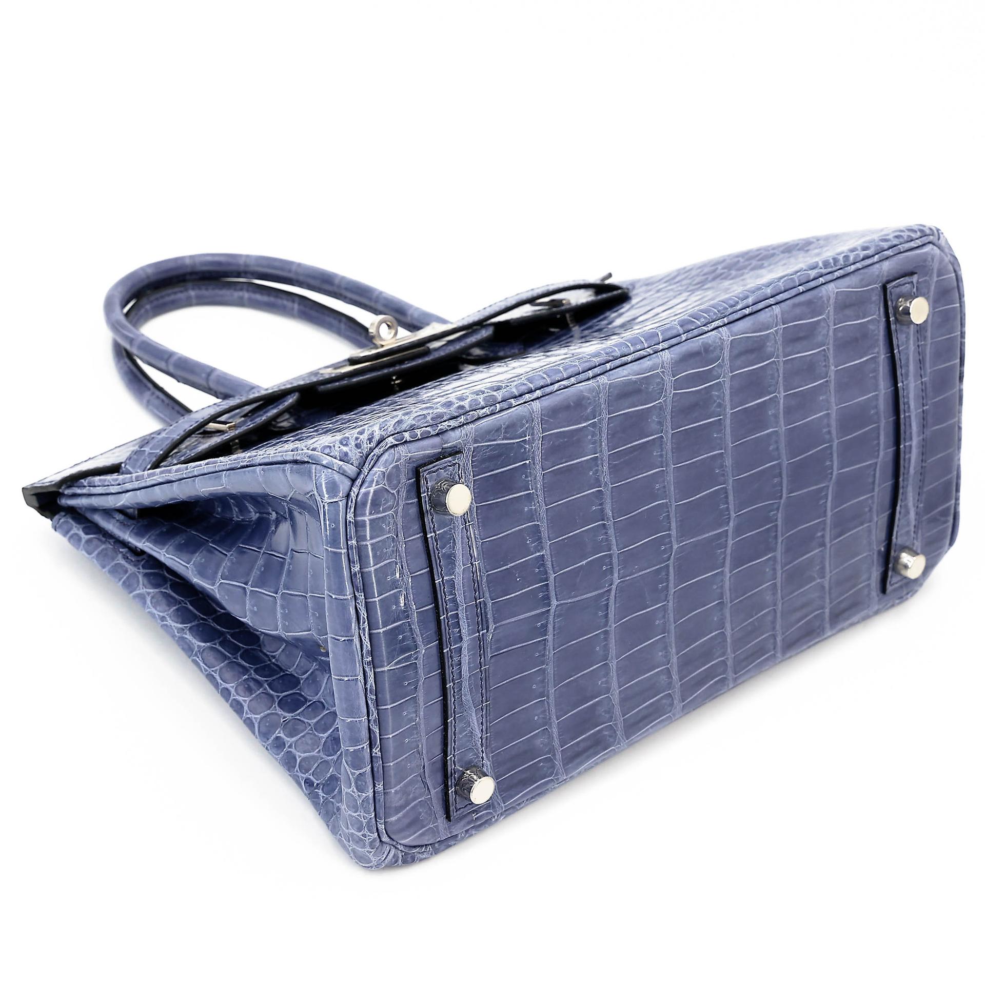Excellent ( Rank SA ) HERMÈS Birkin 30 Bleu Brighton (7E) Shiny Porosus Crocodile Palladium hardware Square M (2009) - 5