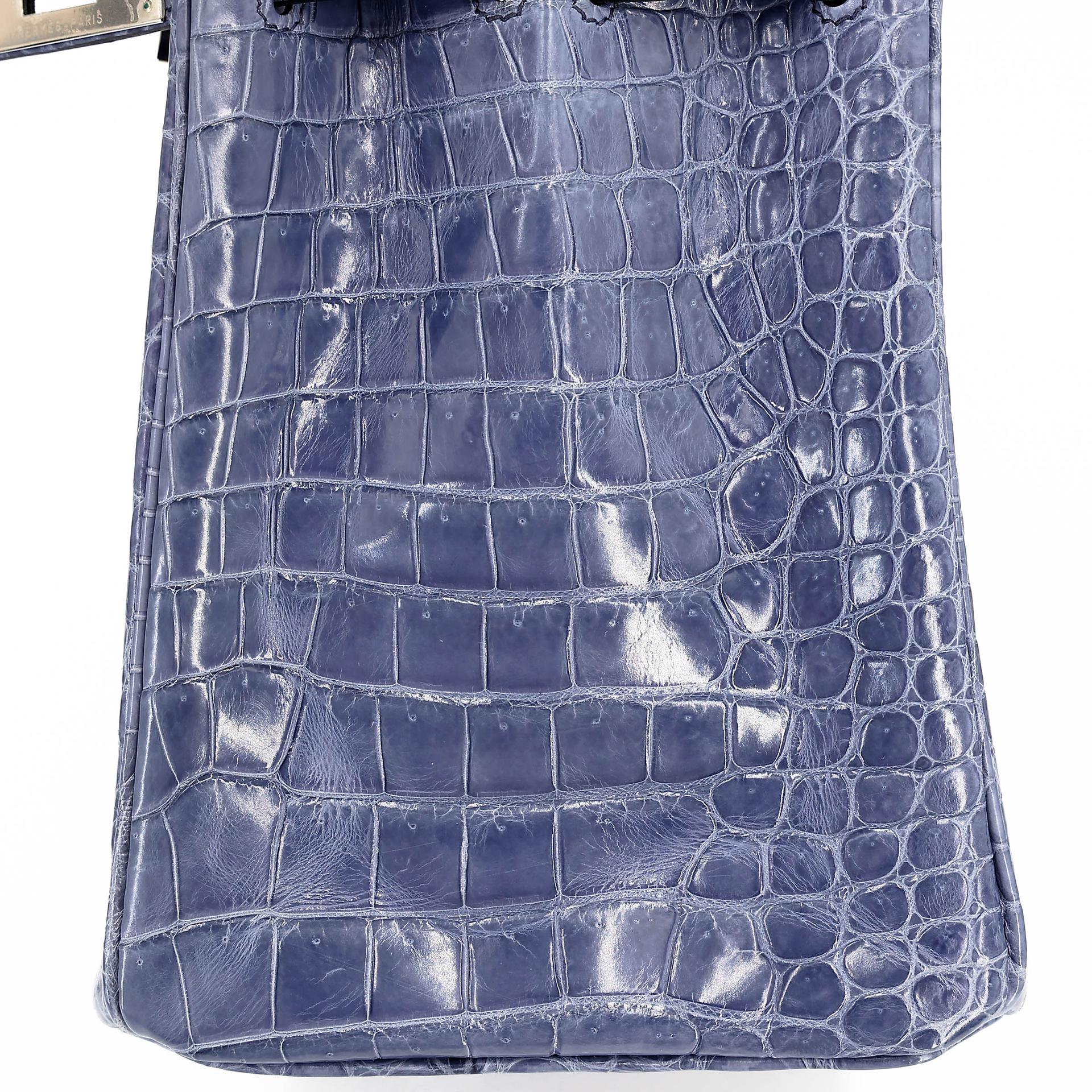 Excellent ( Rank SA ) HERMÈS Birkin 30 Bleu Brighton (7E) Shiny Porosus Crocodile Palladium hardware Square M (2009) - 33