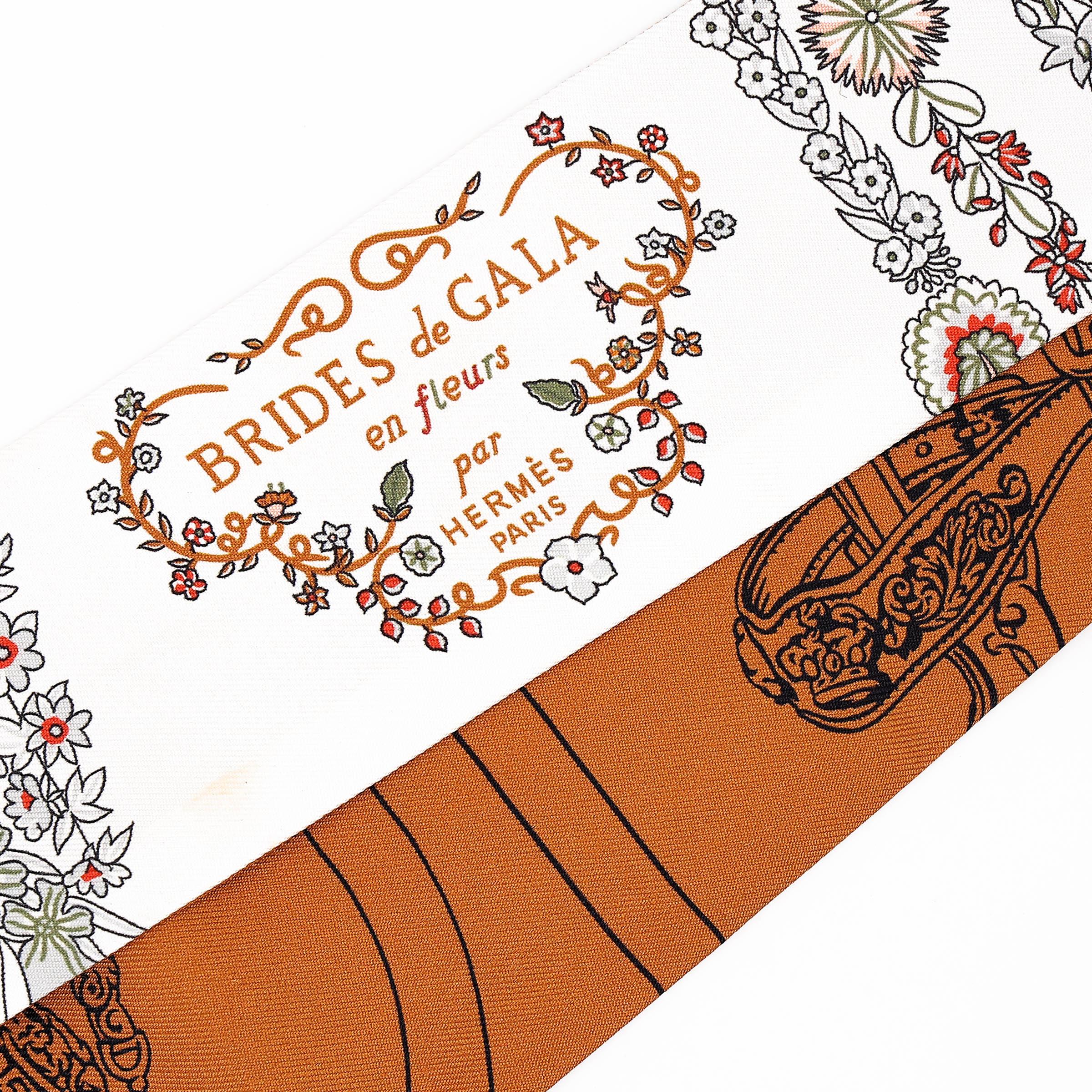 Brand New ( Rank N ) HERMÈS Twilly Brides de Gala en Fleurs White Brown Silk - 4