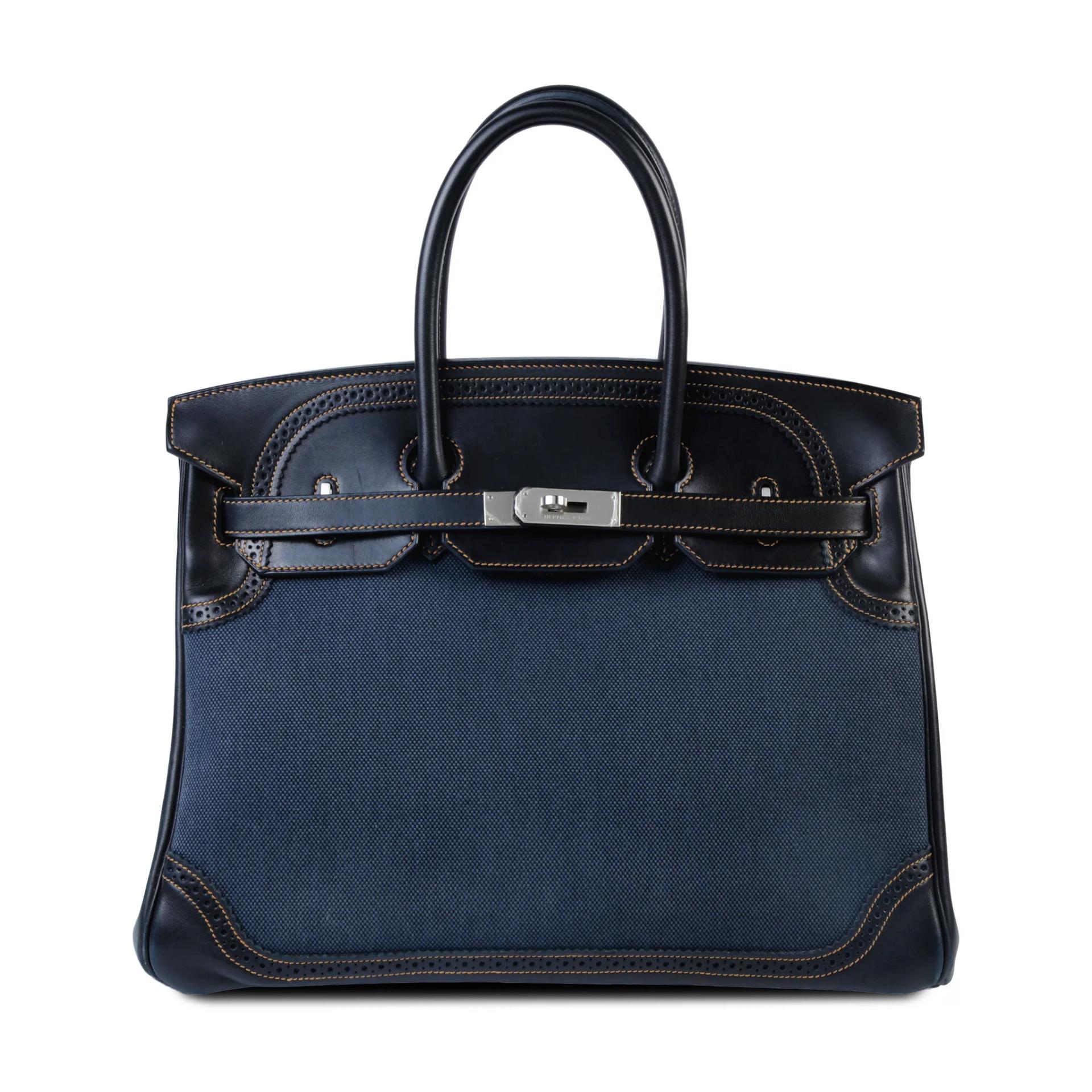 Very Good ( Rank A) HERMÈS Birkin Ghillies 35 Noir (89) Denim Denim Evercalf Brushed Palladium Square P (2012) - 1