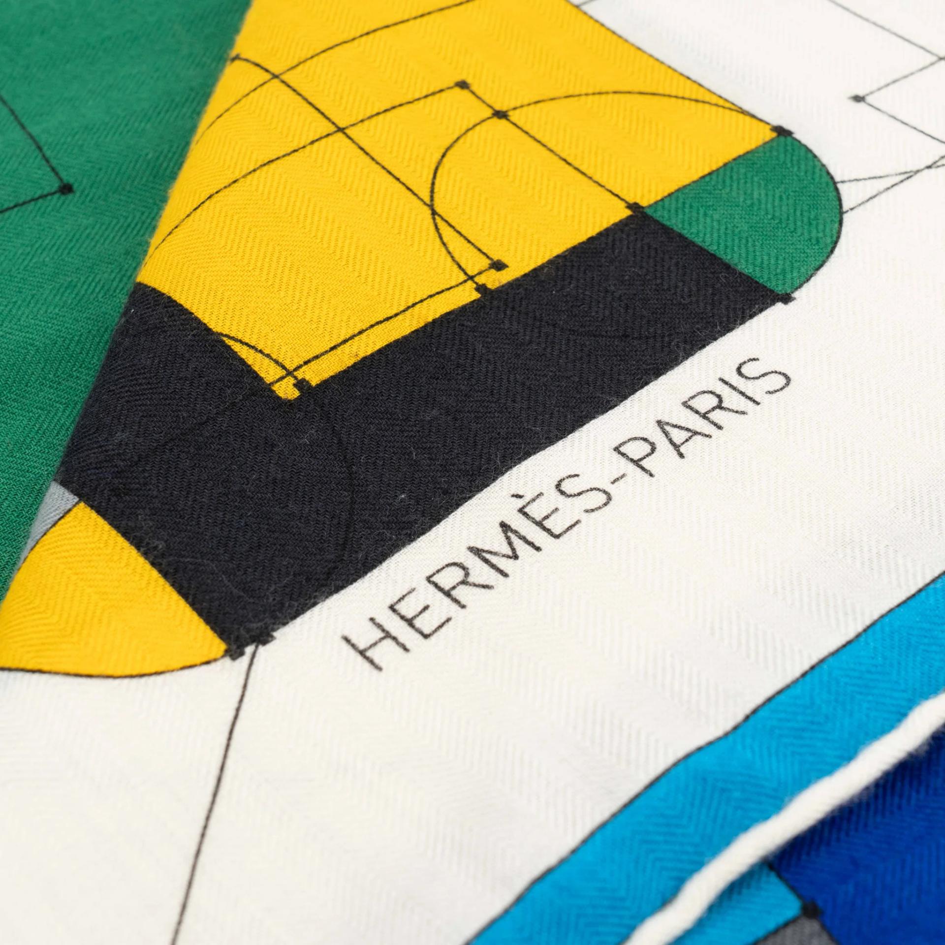 ランク A HERMÈS エルメス カレ140 ブルー グレー グリーン シルク カシミヤ - 4
