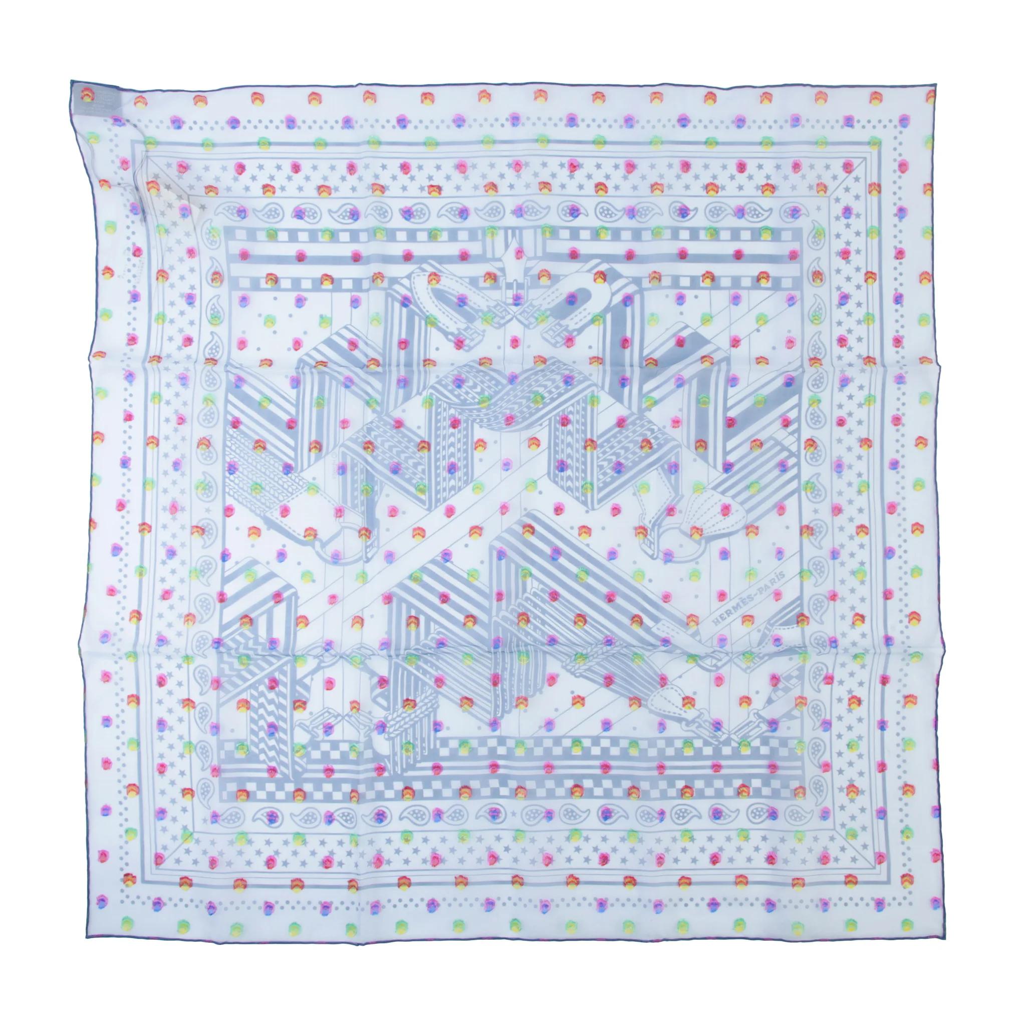 Unused ( Rank NS ) HERMÈS Carre 60 Scarves  Sangles en Zig Zag Bandana Pois Rainbow Blue Silk - 1