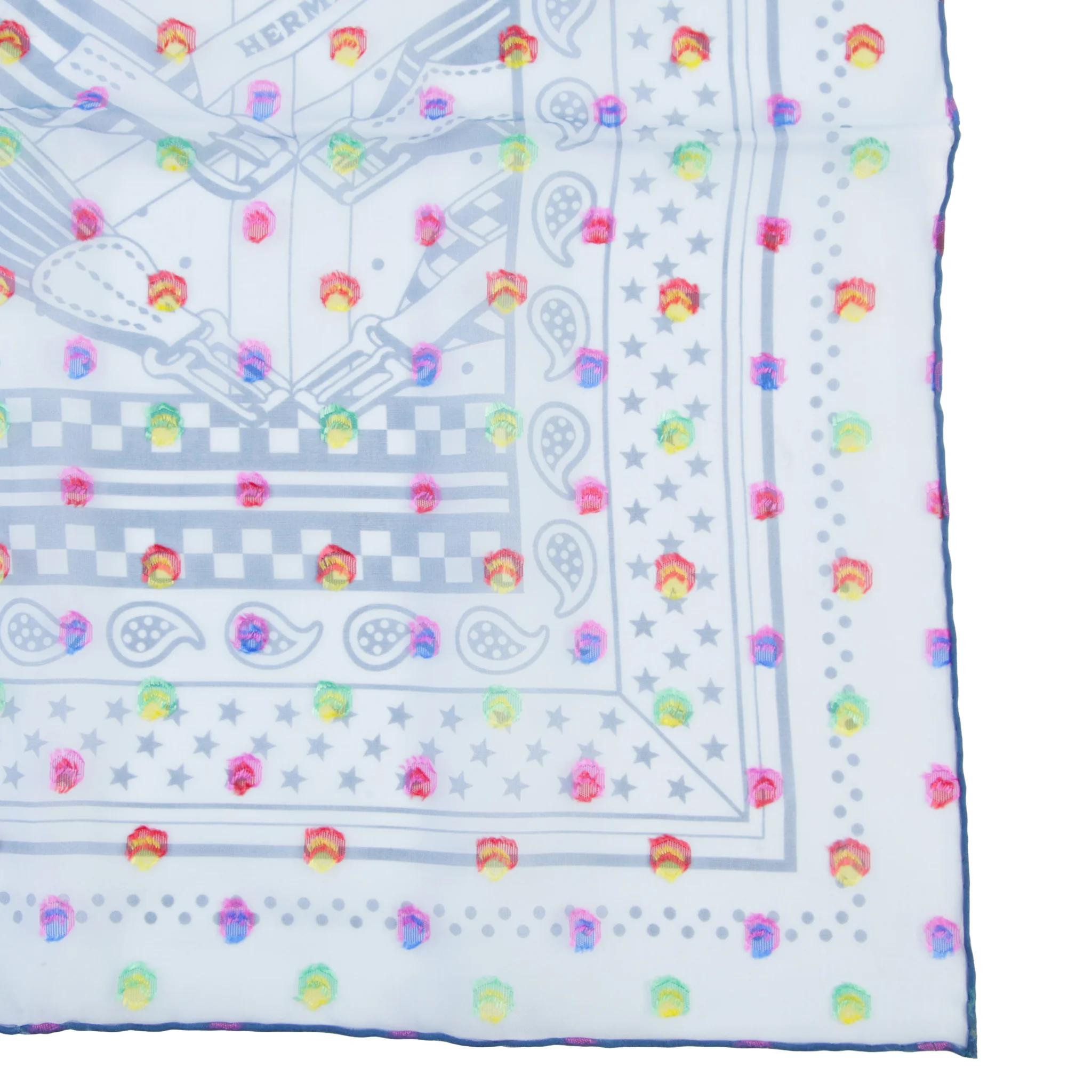 Unused ( Rank NS ) HERMÈS Carre 60 Scarves  Sangles en Zig Zag Bandana Pois Rainbow Blue Silk - 3