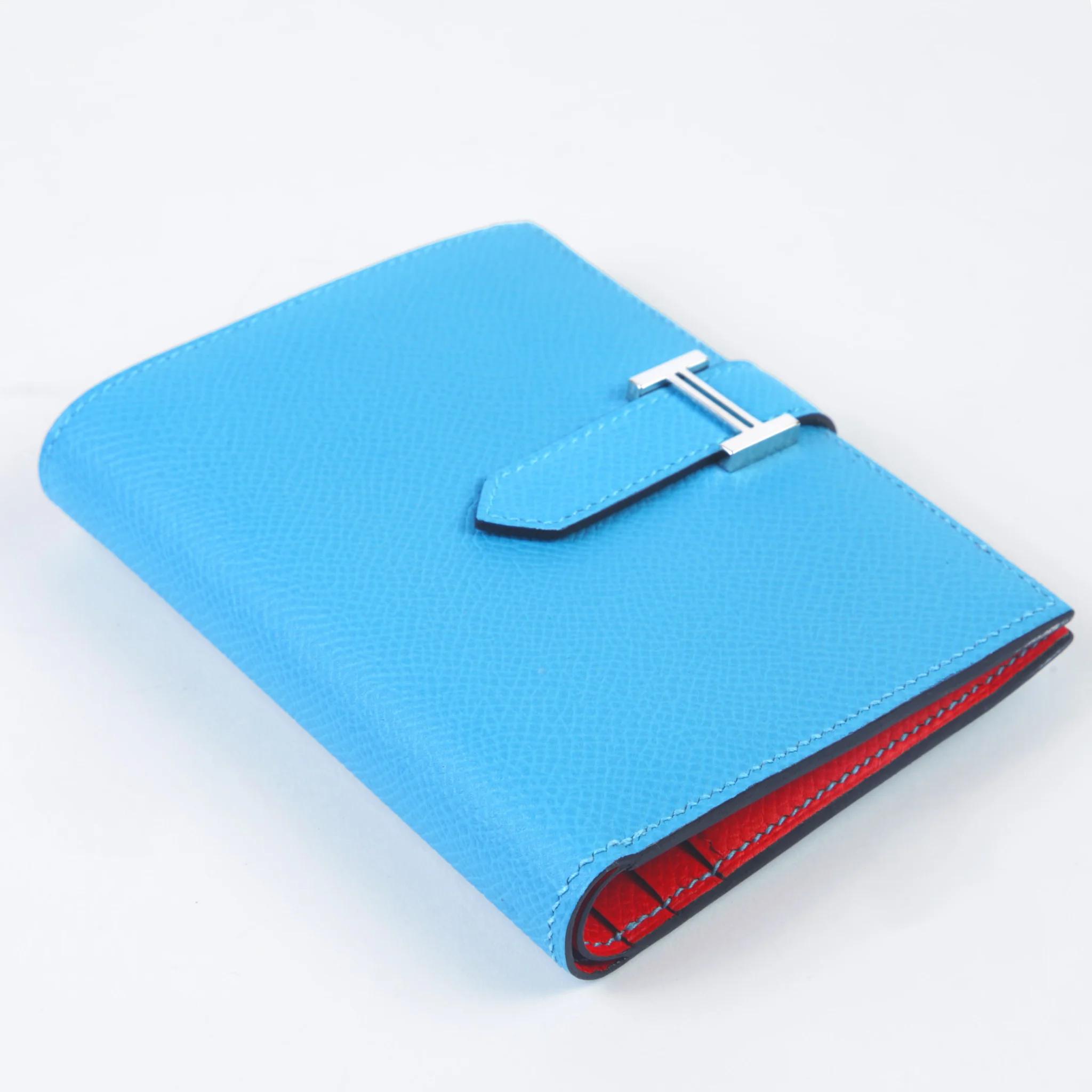Unused ( Rank NS ) HERMÈS Bearn Compact wallet Bleu du Nord (P3) Rouge de Coeur (S3) Epsom Palladium hardware - 4