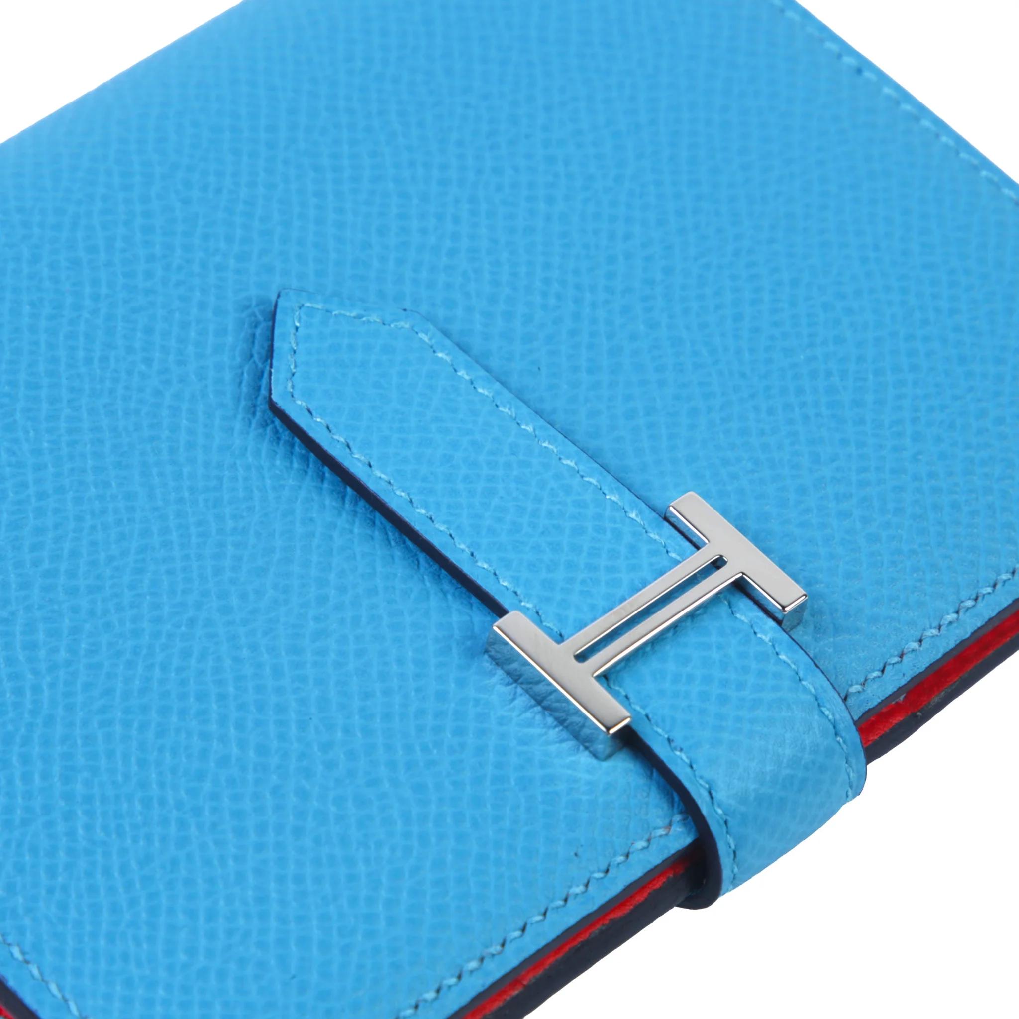 Unused ( Rank NS ) HERMÈS Bearn Compact wallet Bleu du Nord (P3) Rouge de Coeur (S3) Epsom Palladium hardware - 3