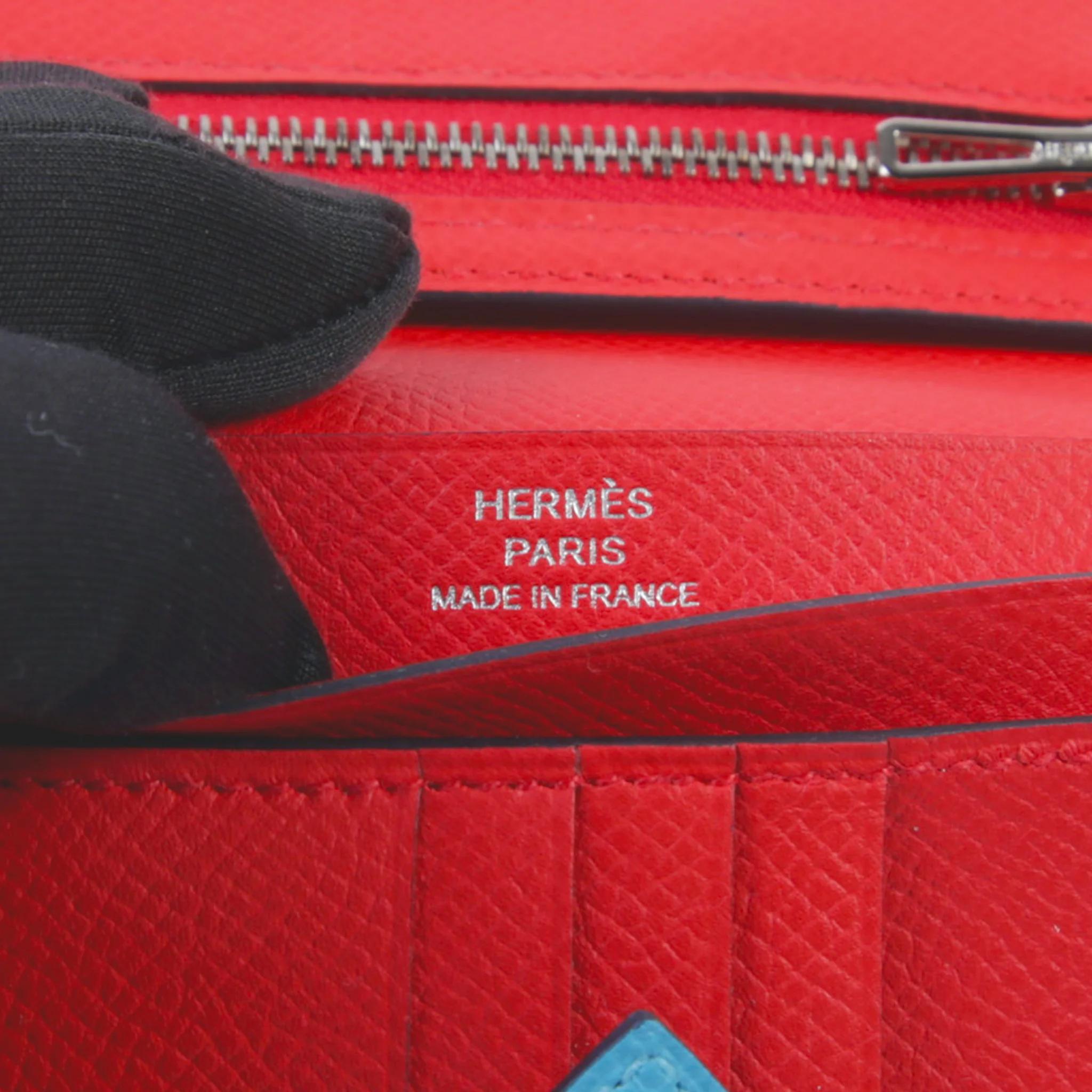 Unused ( Rank NS ) HERMÈS Bearn Compact wallet Bleu du Nord (P3) Rouge de Coeur (S3) Epsom Palladium hardware - 9