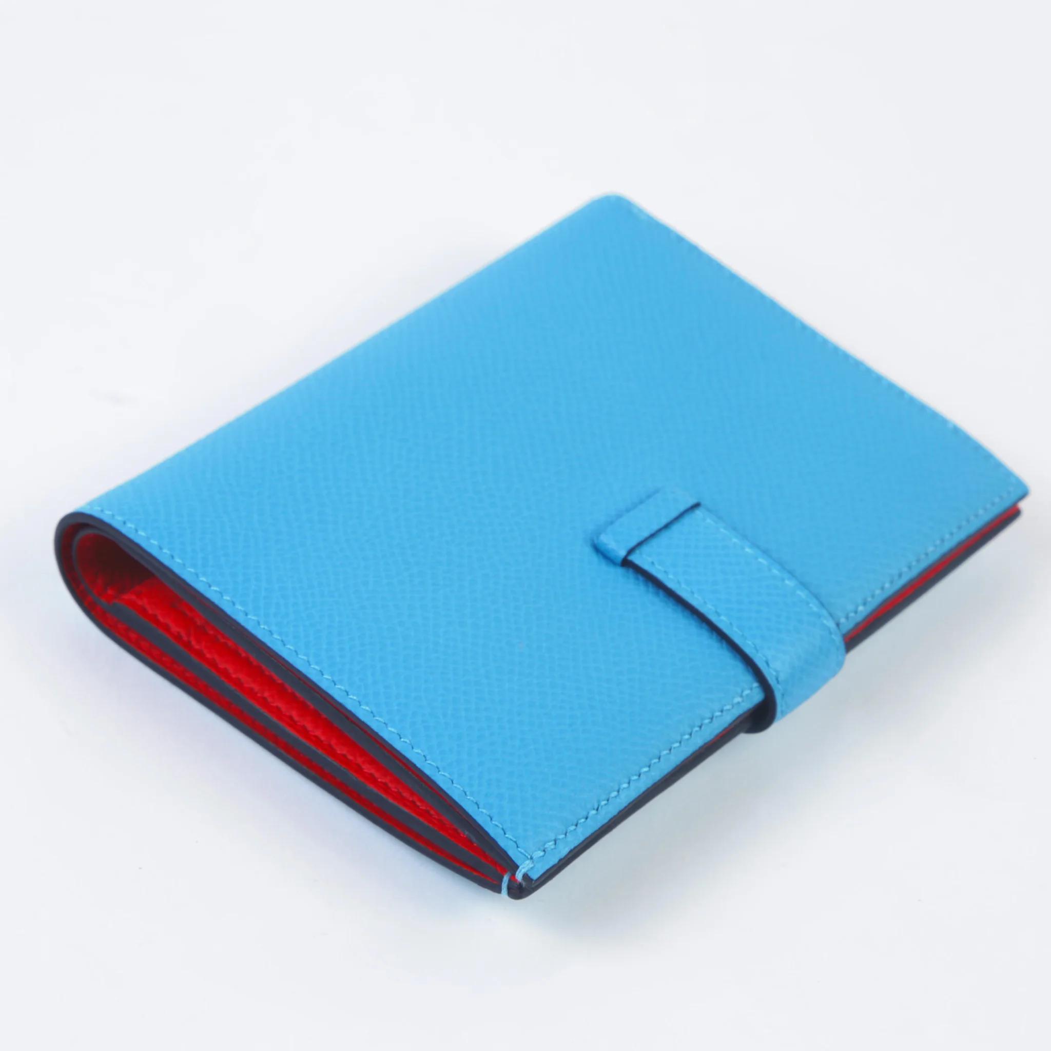 Unused ( Rank NS ) HERMÈS Bearn Compact wallet Bleu du Nord (P3) Rouge de Coeur (S3) Epsom Palladium hardware - 6