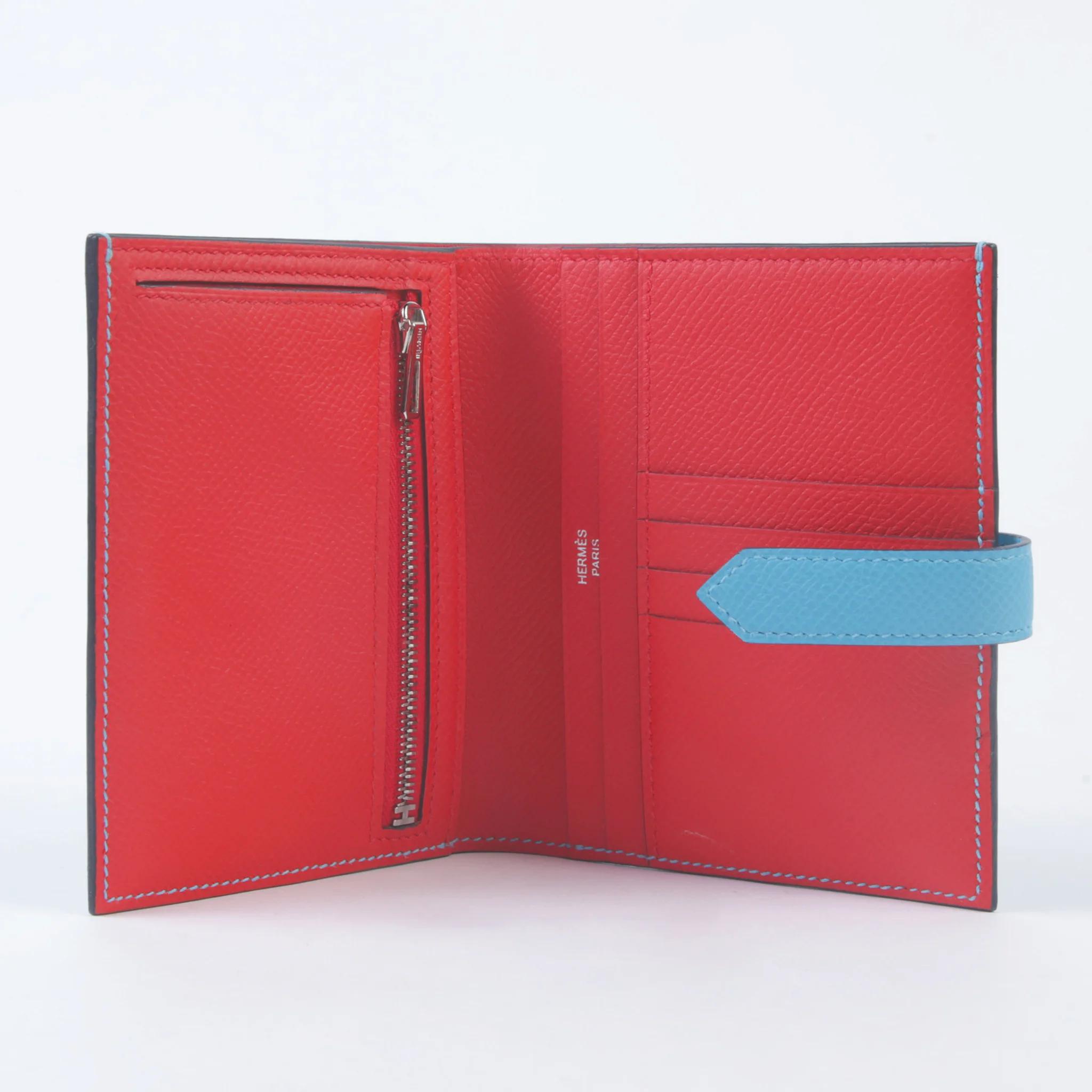 Unused ( Rank NS ) HERMÈS Bearn Compact wallet Bleu du Nord (P3) Rouge de Coeur (S3) Epsom Palladium hardware - 8