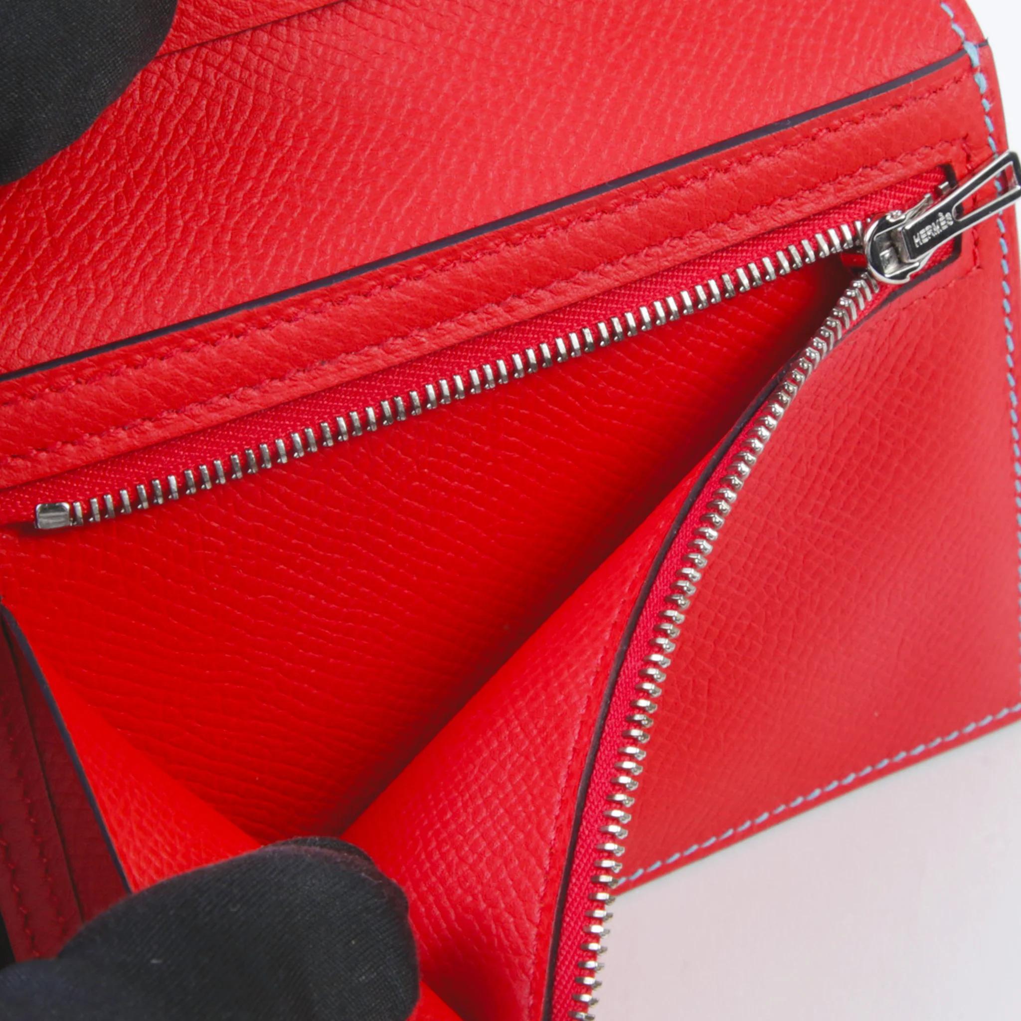 Unused ( Rank NS ) HERMÈS Bearn Compact wallet Bleu du Nord (P3) Rouge de Coeur (S3) Epsom Palladium hardware - 10