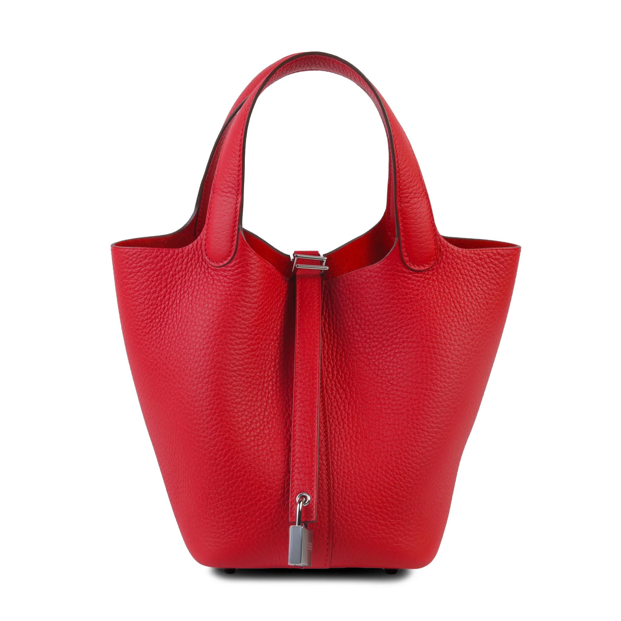 全新 HERMÈS 爱马仕 Picotin 菜篮子 PM 18 S3 桃心红 Rouge De Coeur Clemence小牛皮 银扣 G刻 2026年 - 1