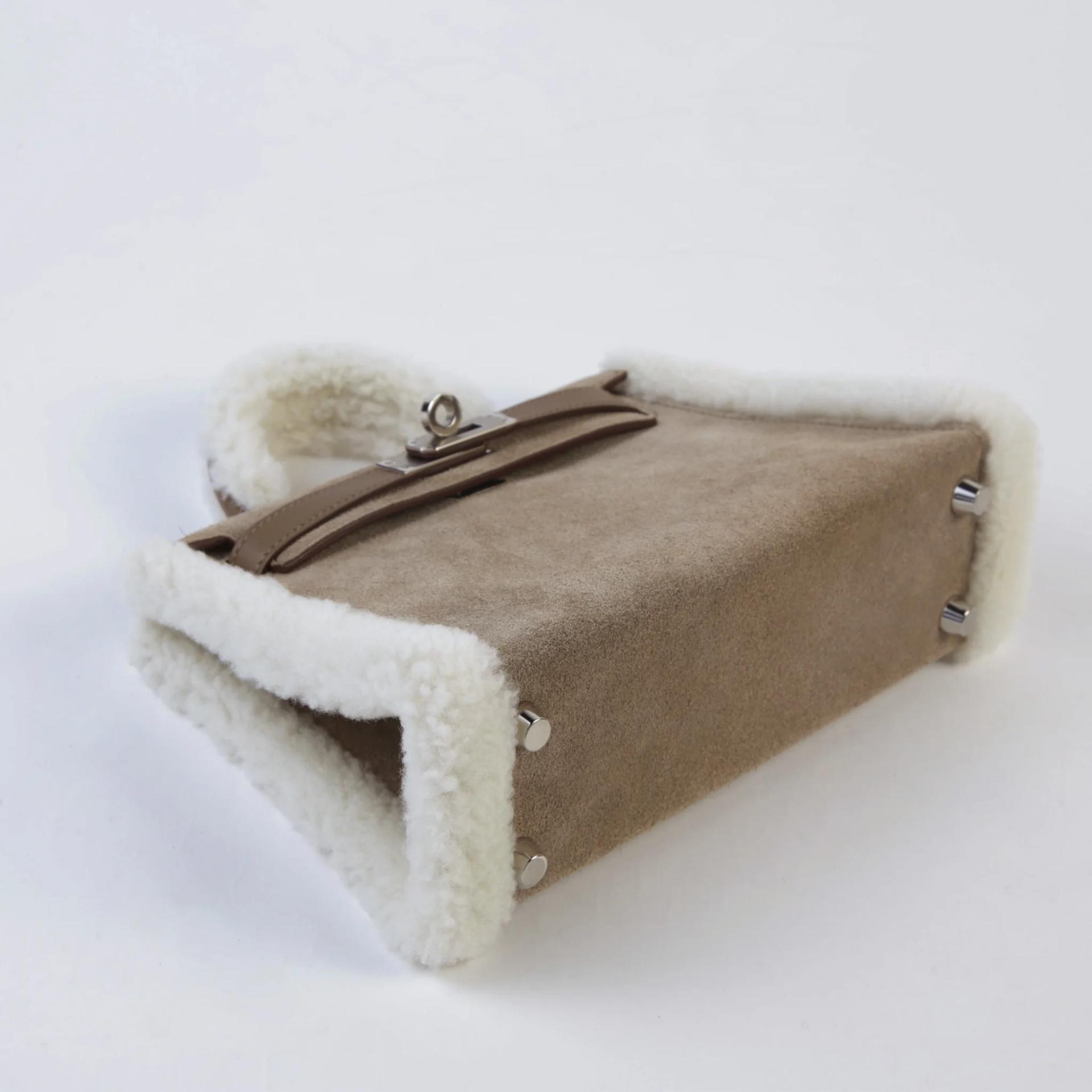 Unused ( Rank NS ) HERMÈS Mini Kelly II Teddy Gris caillou Etoupe (18) Ecru Grizzly Swift Mouton Palladium hardware W (2024) - 4