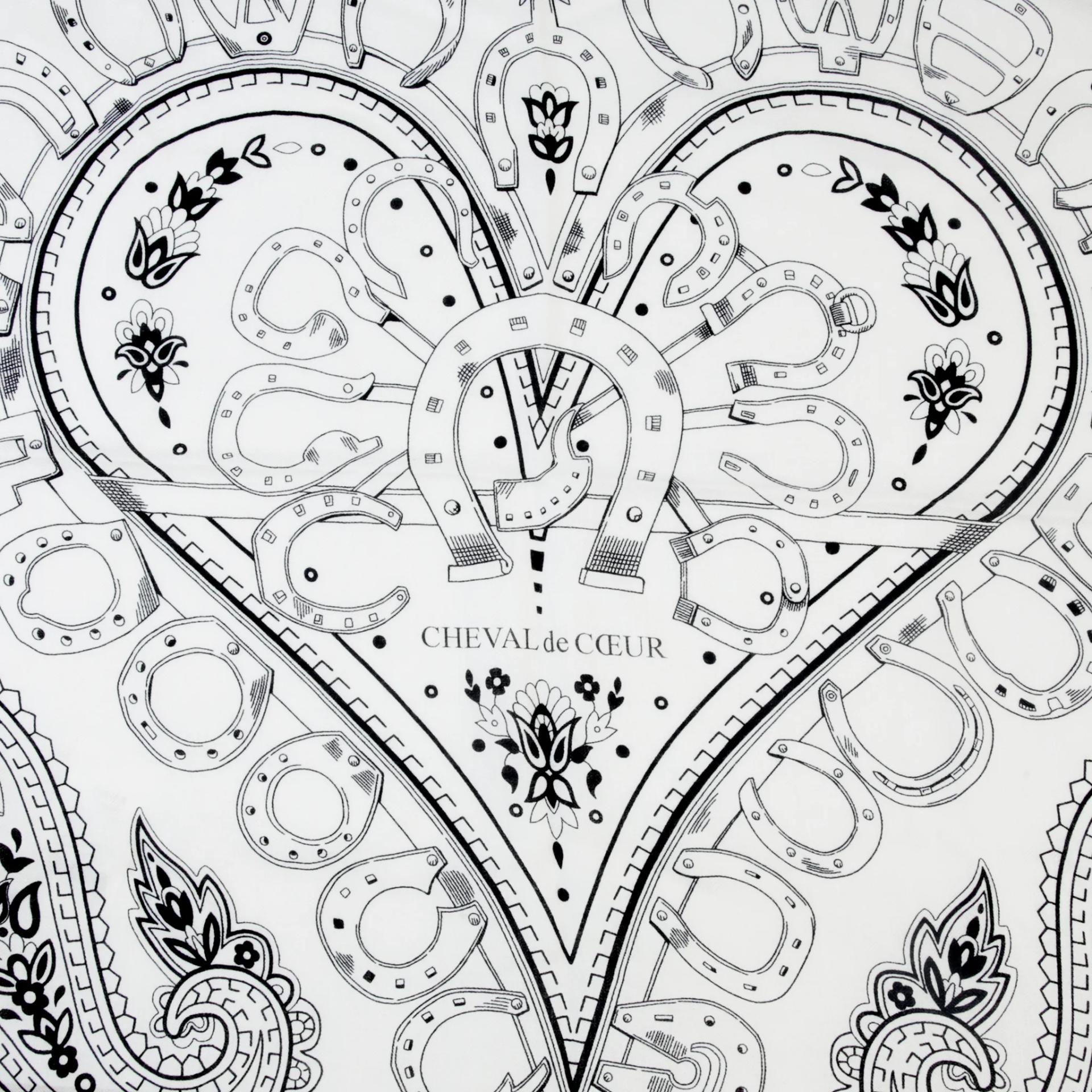 Unused ( Rank NS ) HERMÈS Carre 140 Scarf Cheval de Coeur Bandana White Black Cashmere Silk - 3