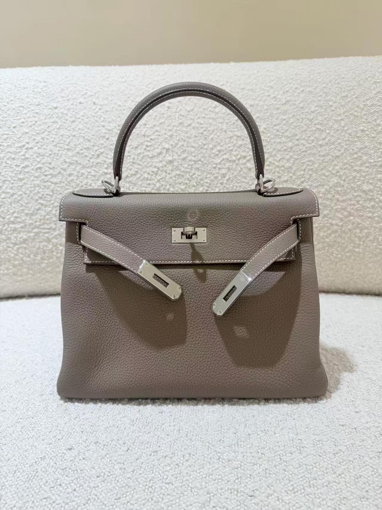 Excellent ( Rank SA ) HERMÈS Kelly 28 Etoupe (18) Togo Palladium hardware U (2022) - 8