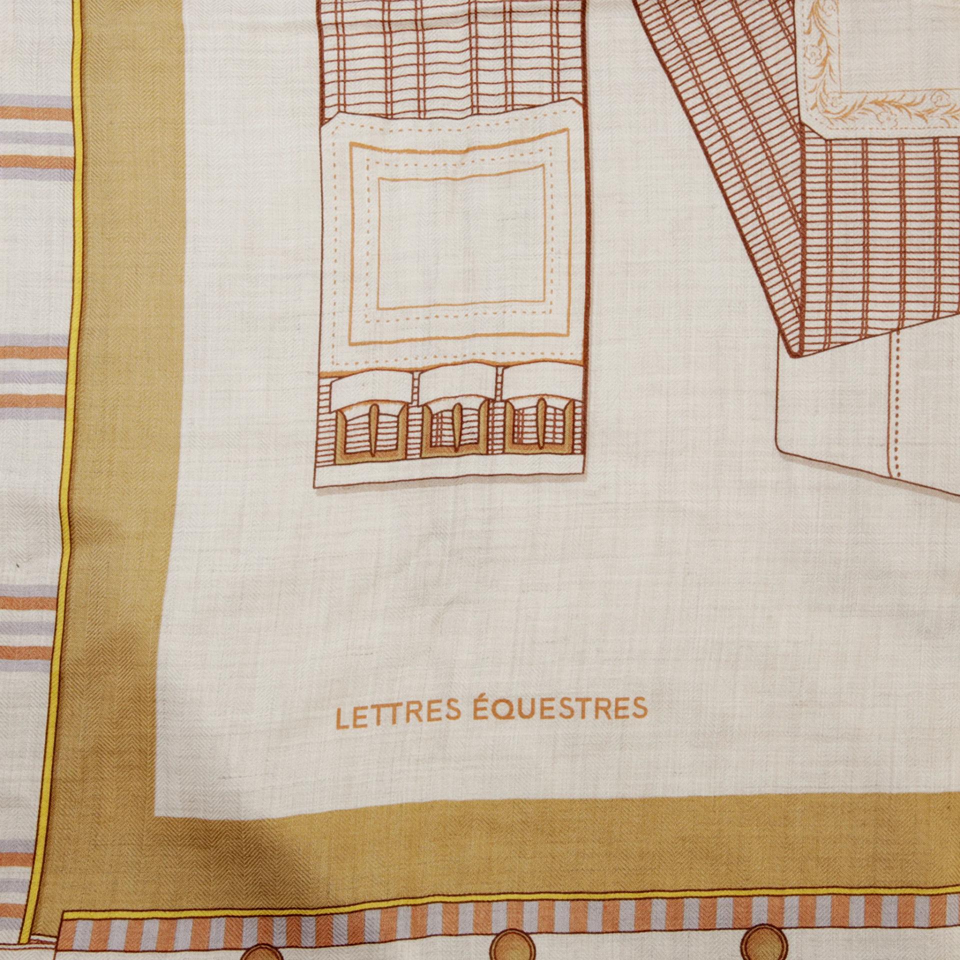 Very Good ( Rank A) HERMÈS Carre 140 Scarf  LETTRES EQUESTRES Beige Orange Cashmere Silk - 4