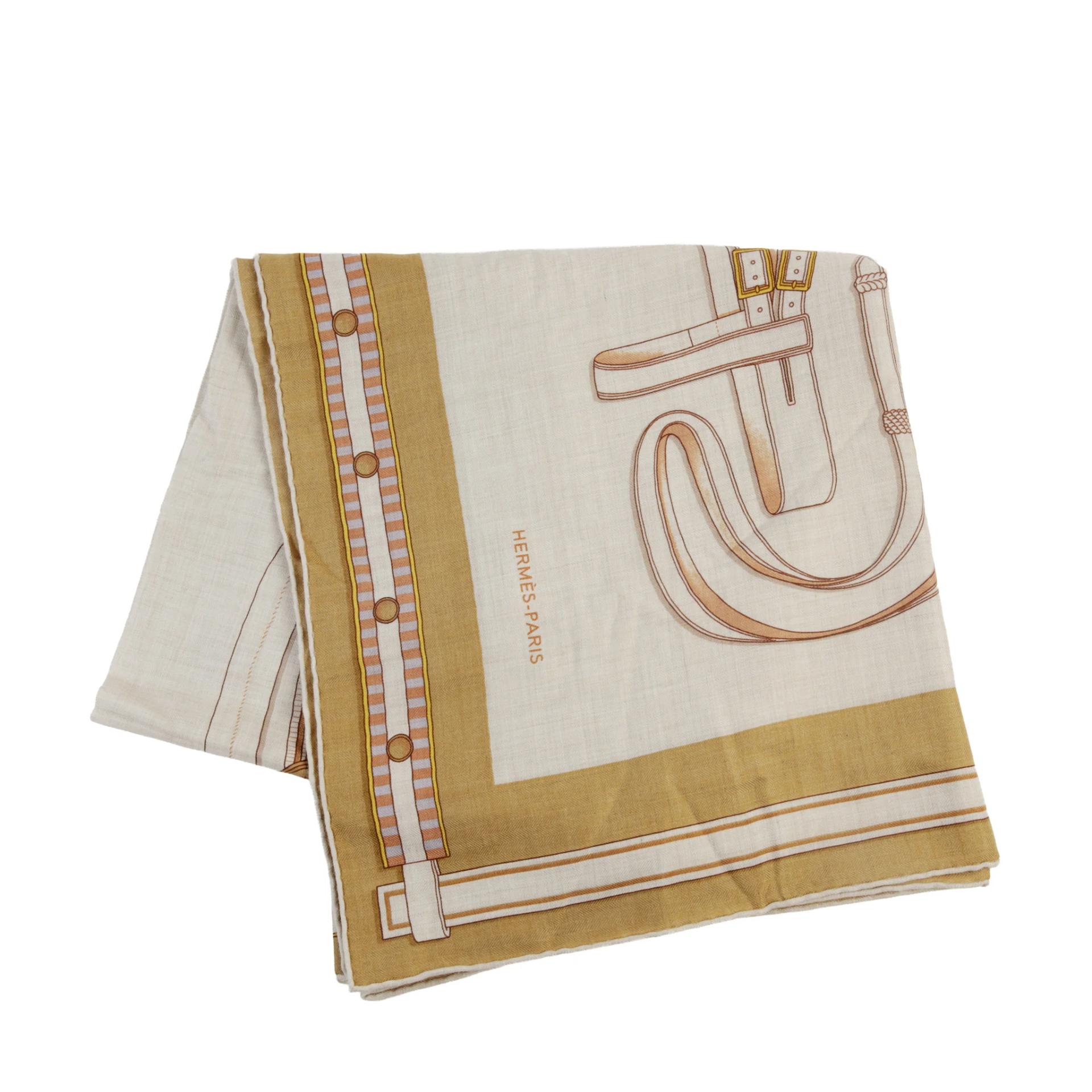 Very Good ( Rank A) HERMÈS Carre 140 Scarf  LETTRES EQUESTRES Beige Orange Cashmere Silk - 1