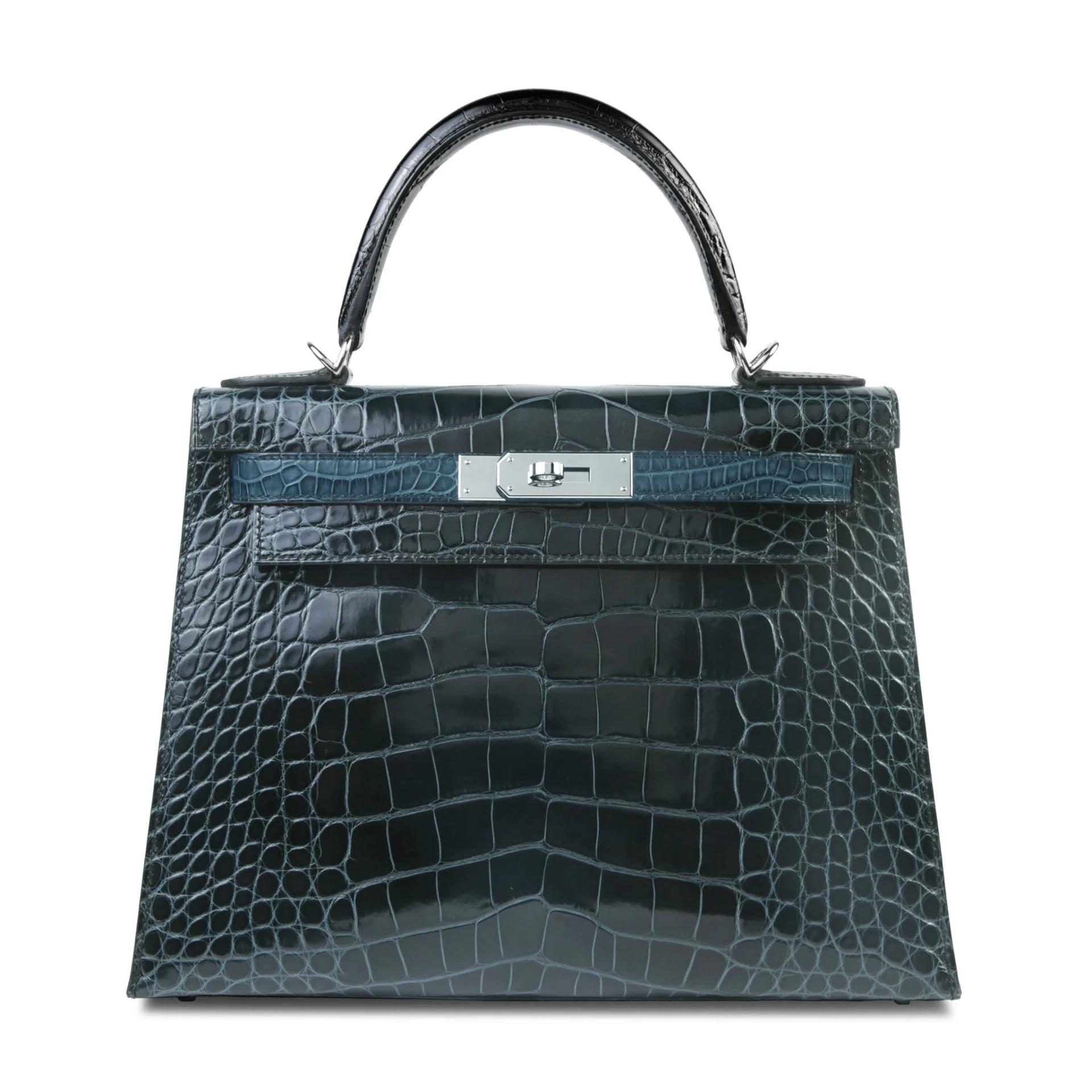 ランク A HERMÈS エルメス ケリー28 セリエ ヴェールルソー (V0) ヴェールボスフォール (W0) ブラック (89) クロコダイル アリゲーター リセ シルバー金具 Y刻印 (2020) - 1