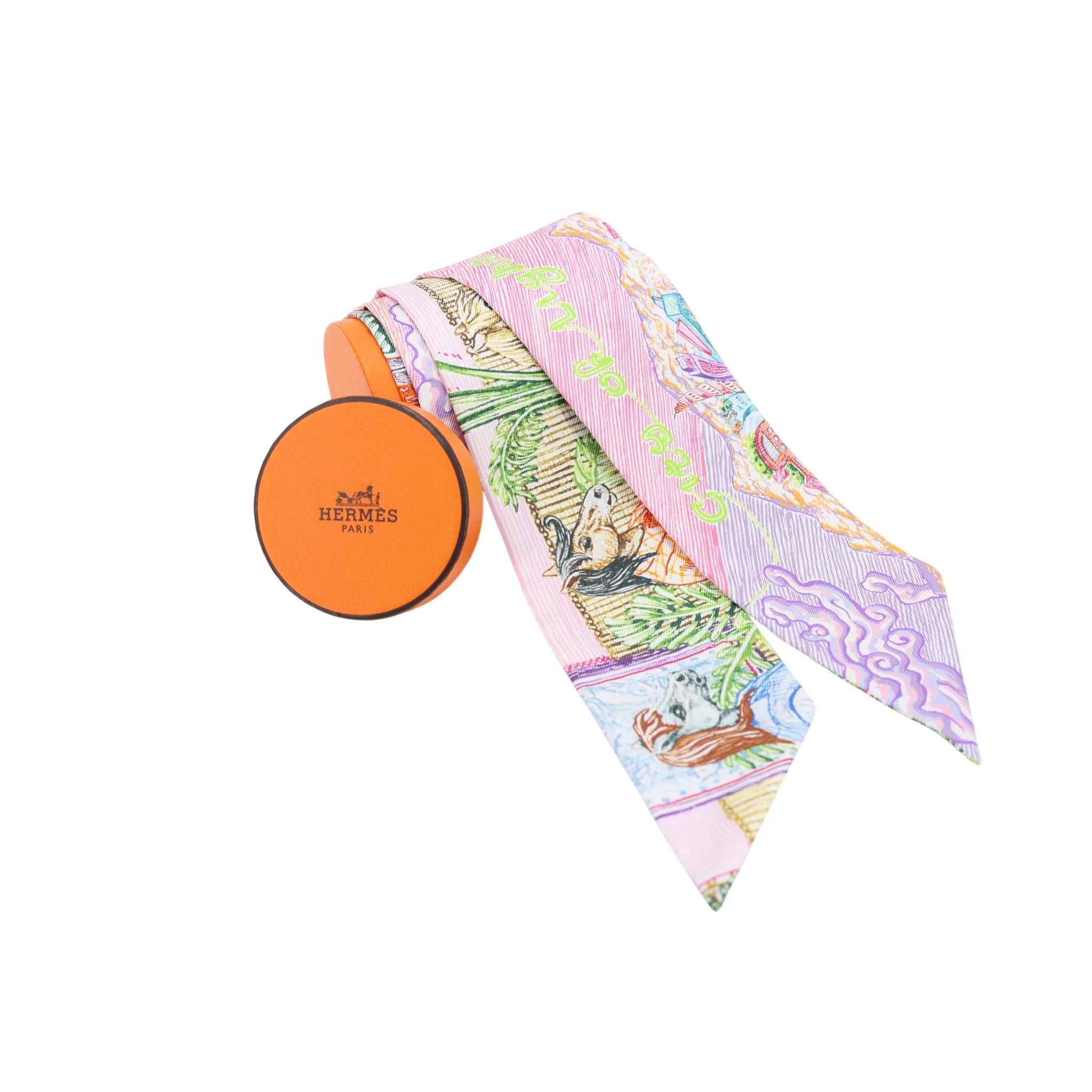 Brand New ( Rank N ) HERMÈS Twilly City of Light Pink Pink Green Silk - 3