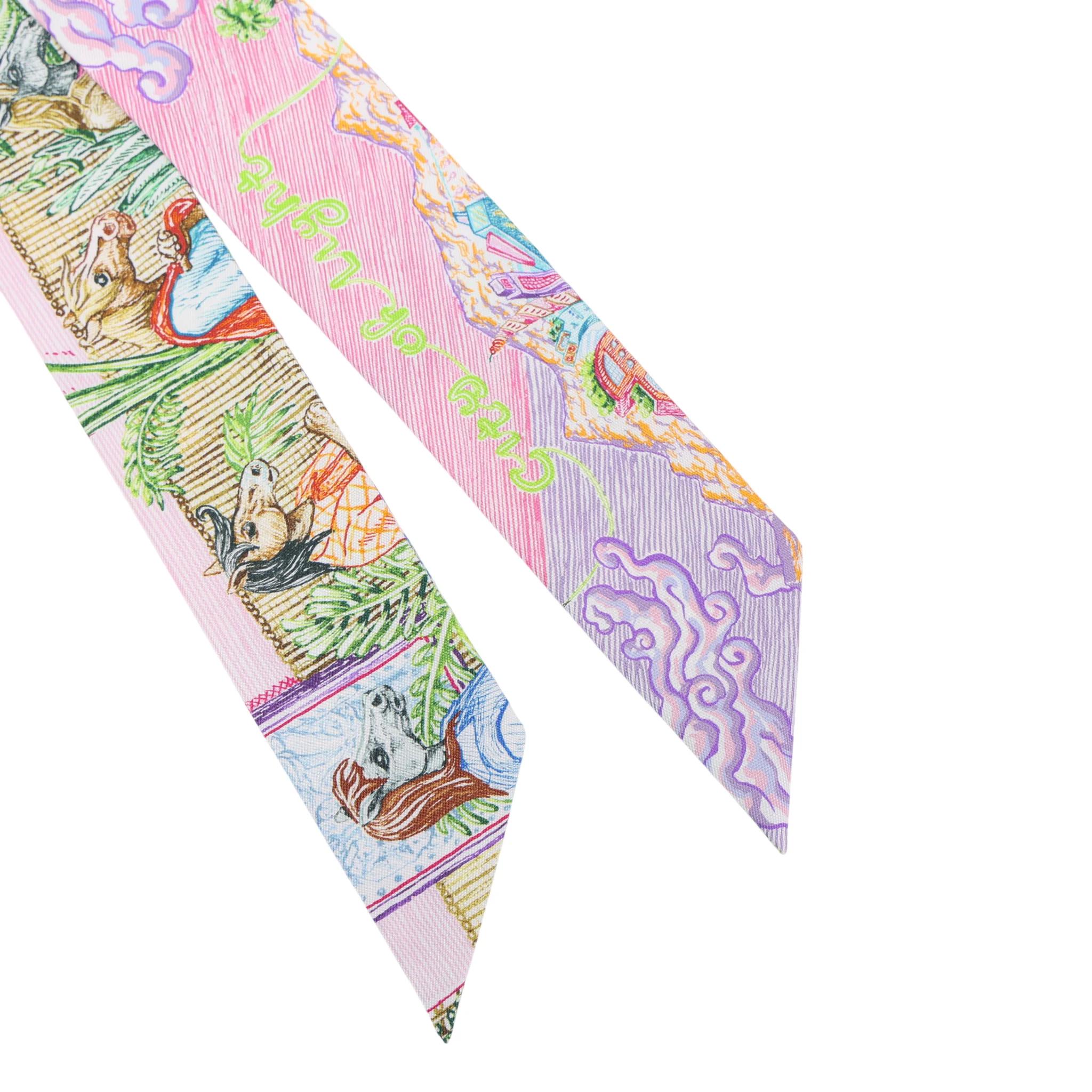 Brand New ( Rank N ) HERMÈS Twilly City of Light Pink Pink Green Silk - 4