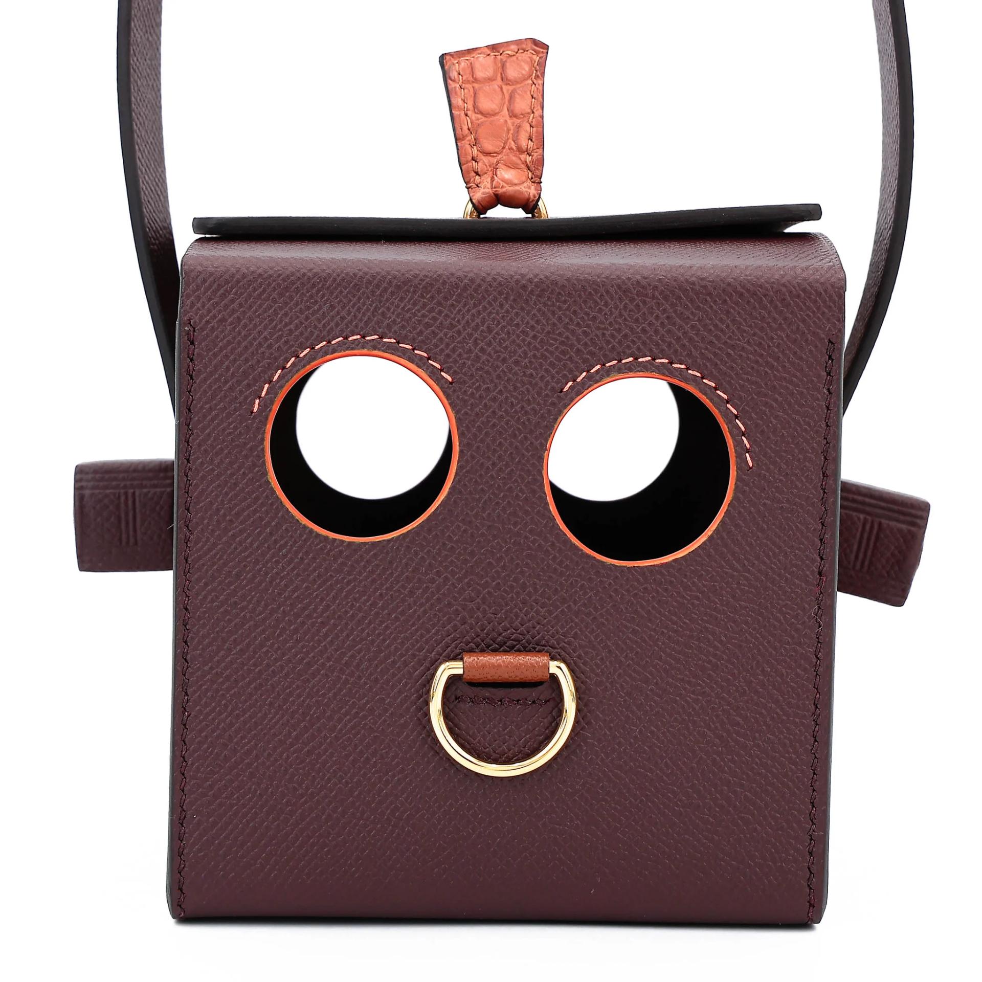 Unused ( Rank NS ) HERMÈS Limited Edition Robot cube minaudiere Rouge Sellier (0G) Gold (37) Epsom Matte Alligator Palladium hardware Gold hardware - 2